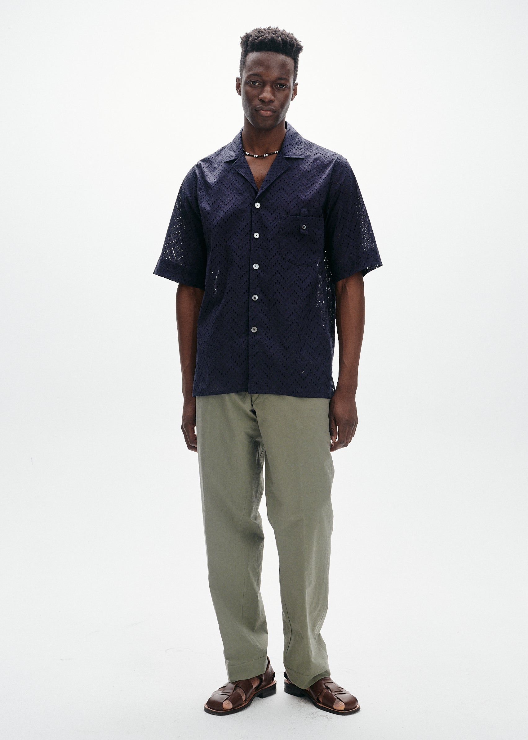 Navy Lace jacquard short sleeve shirt