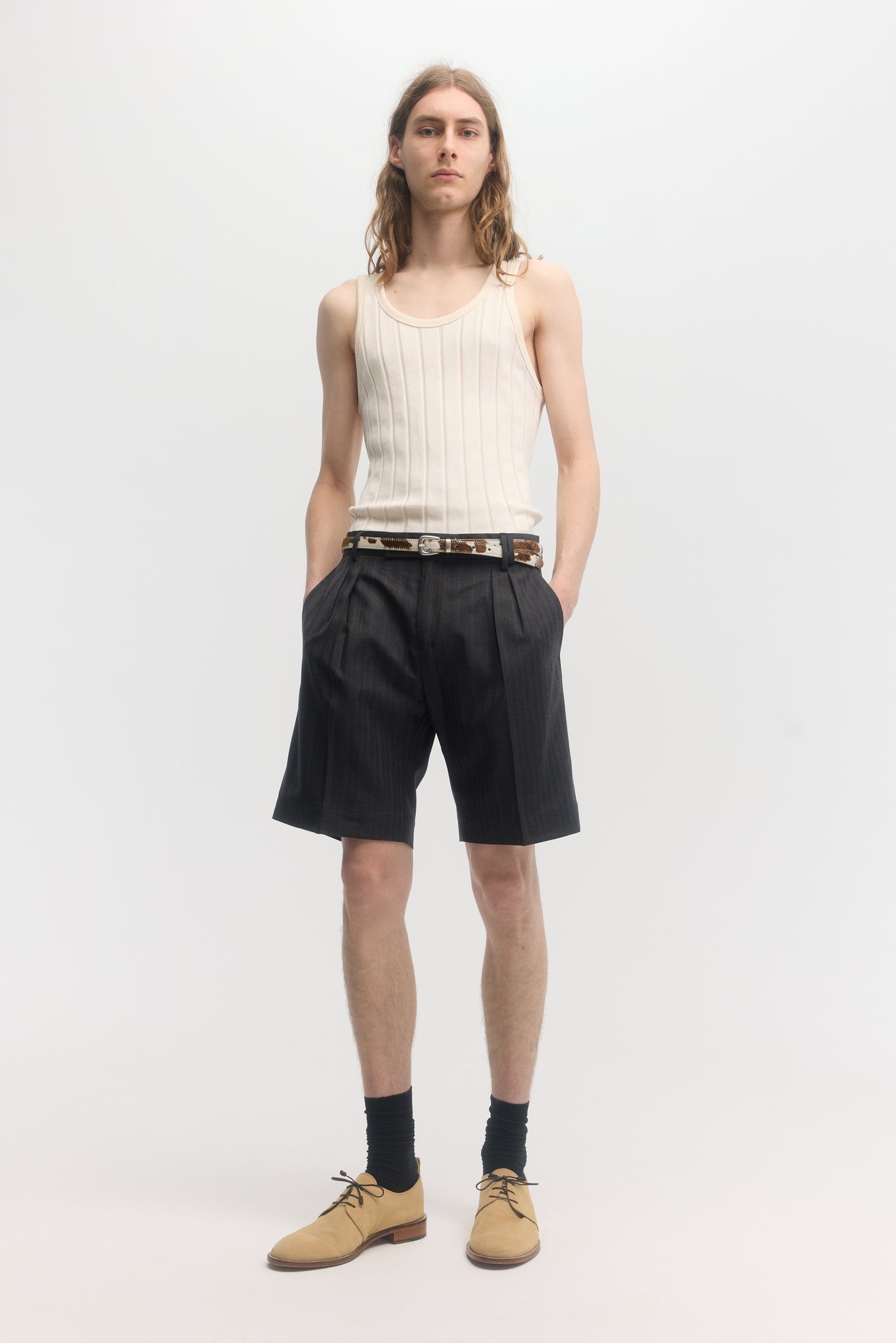 Charcoal pinstripe super 130’s tropical wool tailored shorts