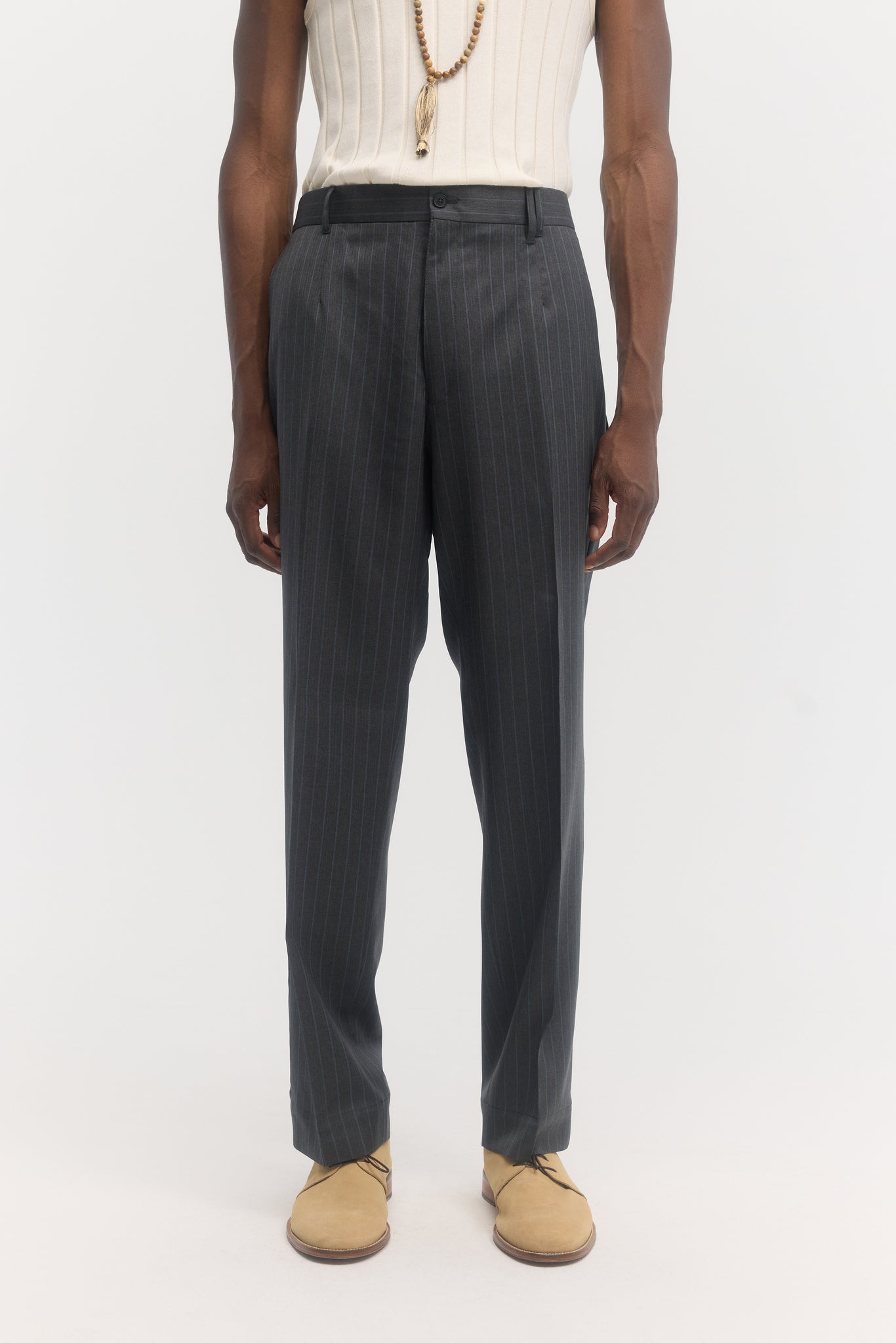 Charcoal & light blue pinstripe tropical wool straight trousers