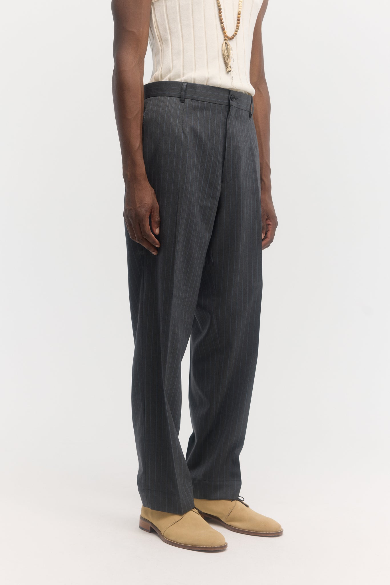 Charcoal & light blue pinstripe tropical wool straight trousers