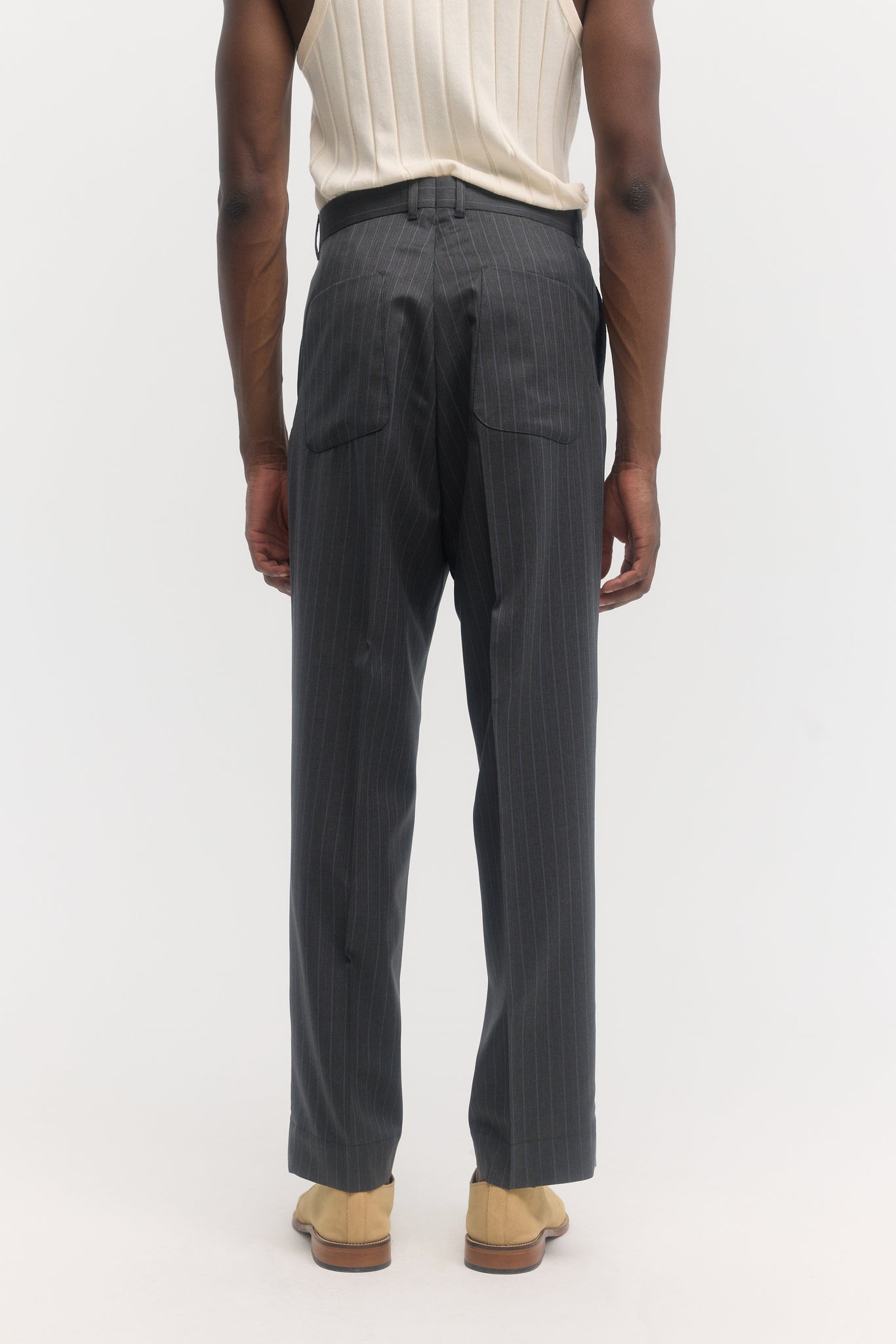 Charcoal & light blue pinstripe tropical wool straight trousers