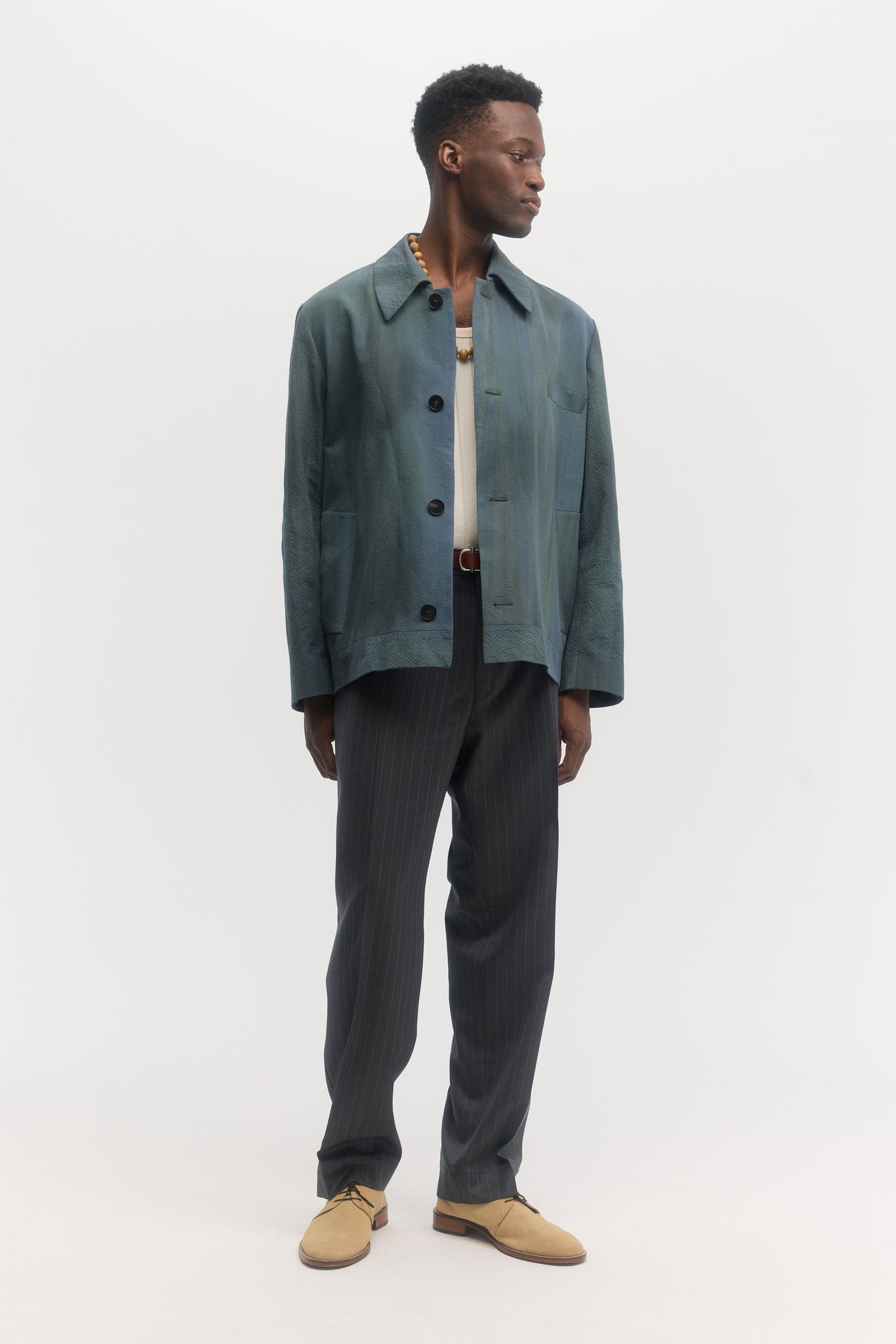 Iridescent custom dyed cotton seersucker worker blouson