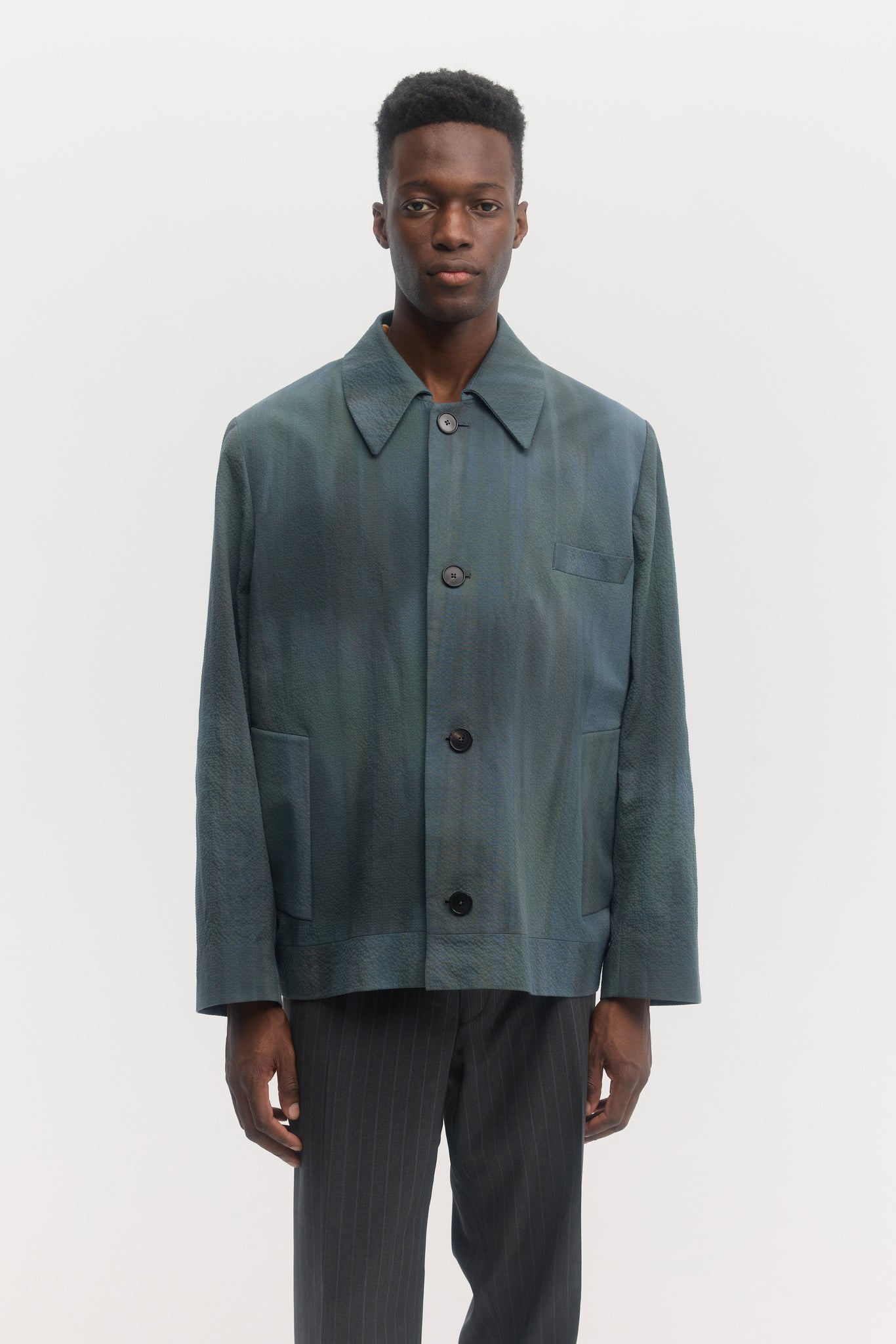 Iridescent custom dyed cotton seersucker worker blouson