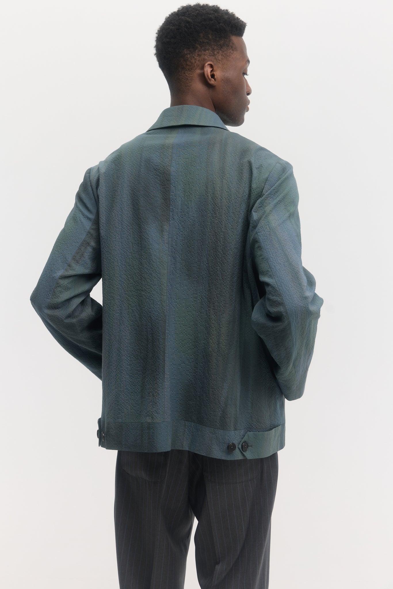 Iridescent custom dyed cotton seersucker worker blouson