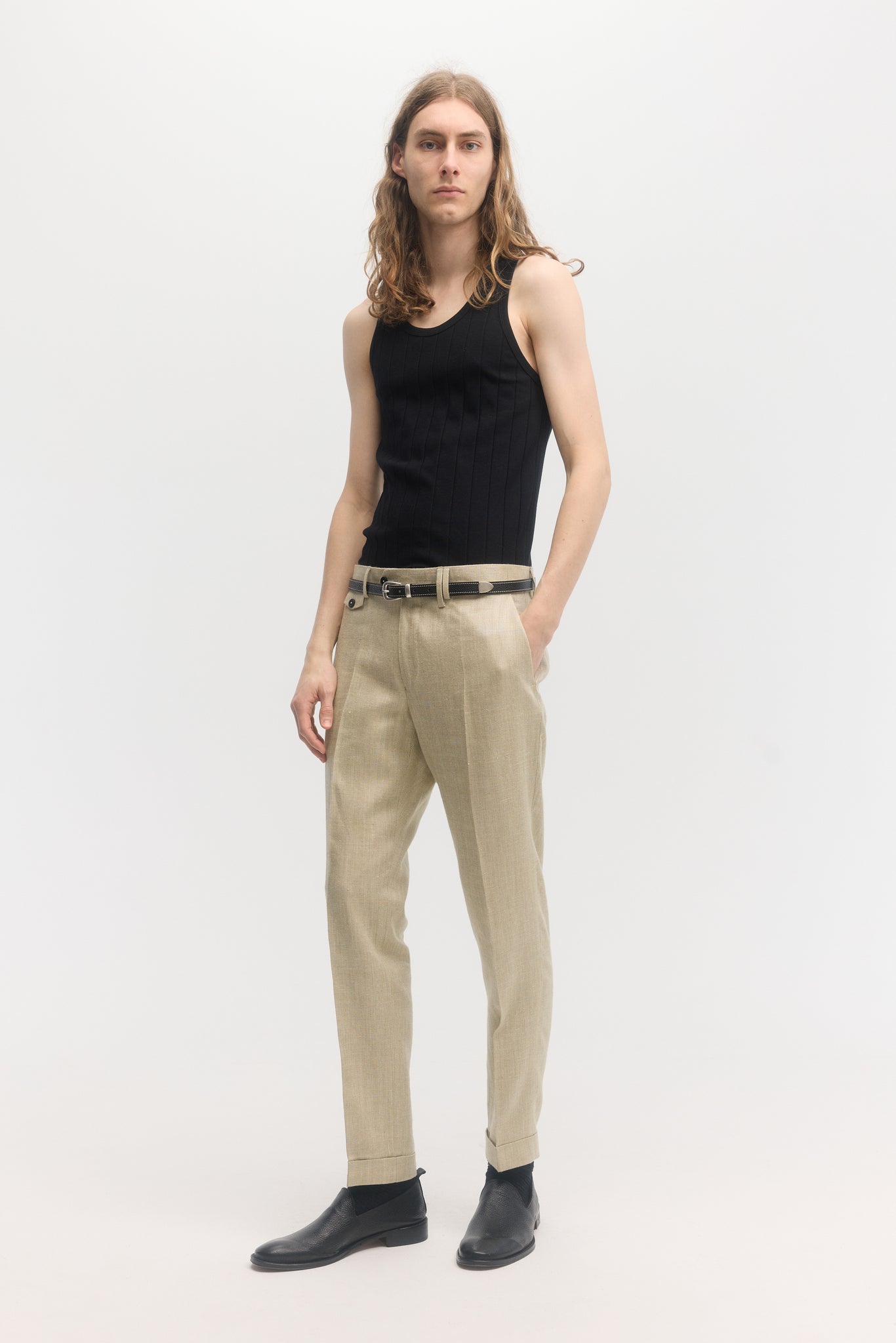 Khaki herringbone silk linen tapered trousers