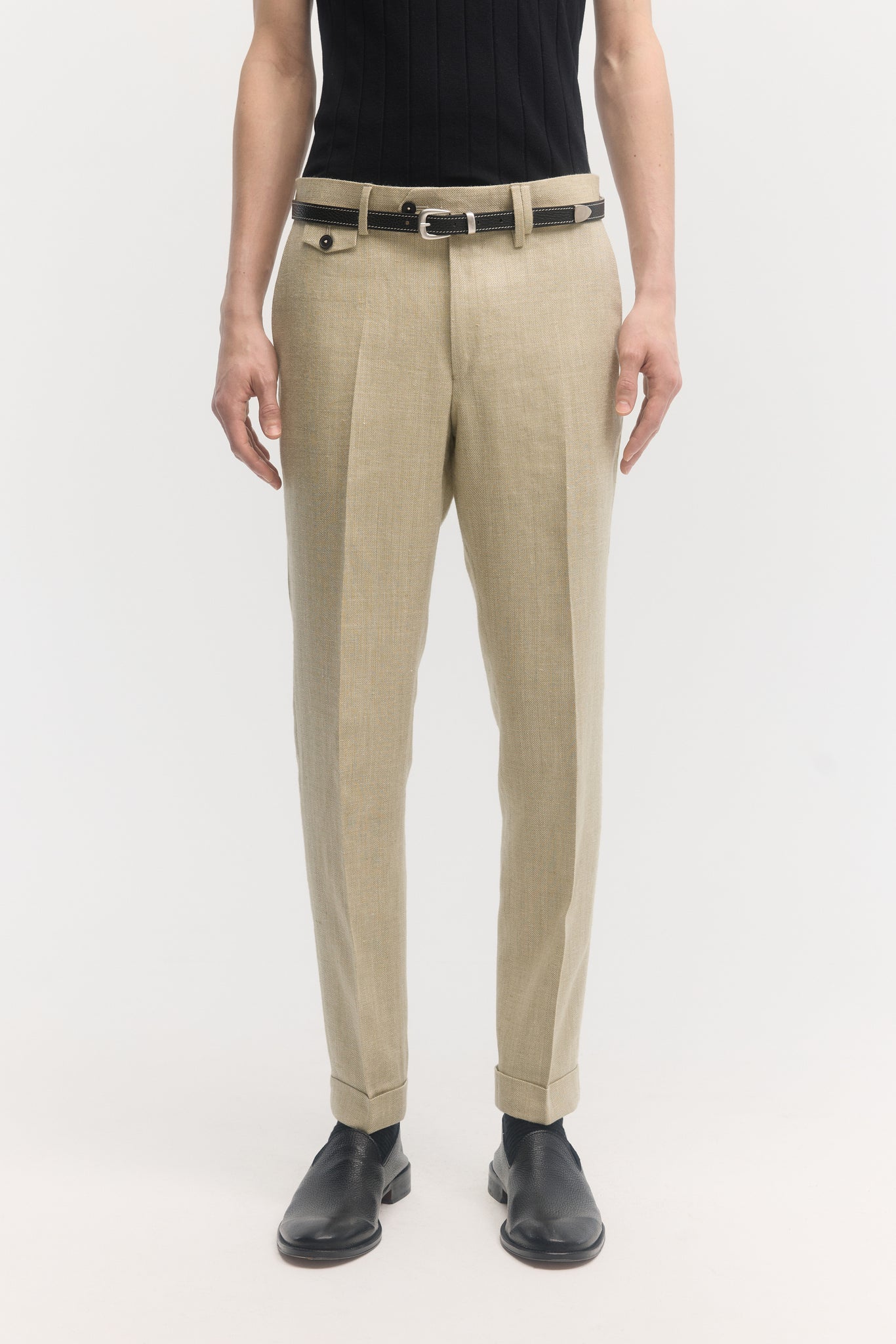 Khaki herringbone silk linen tapered trousers