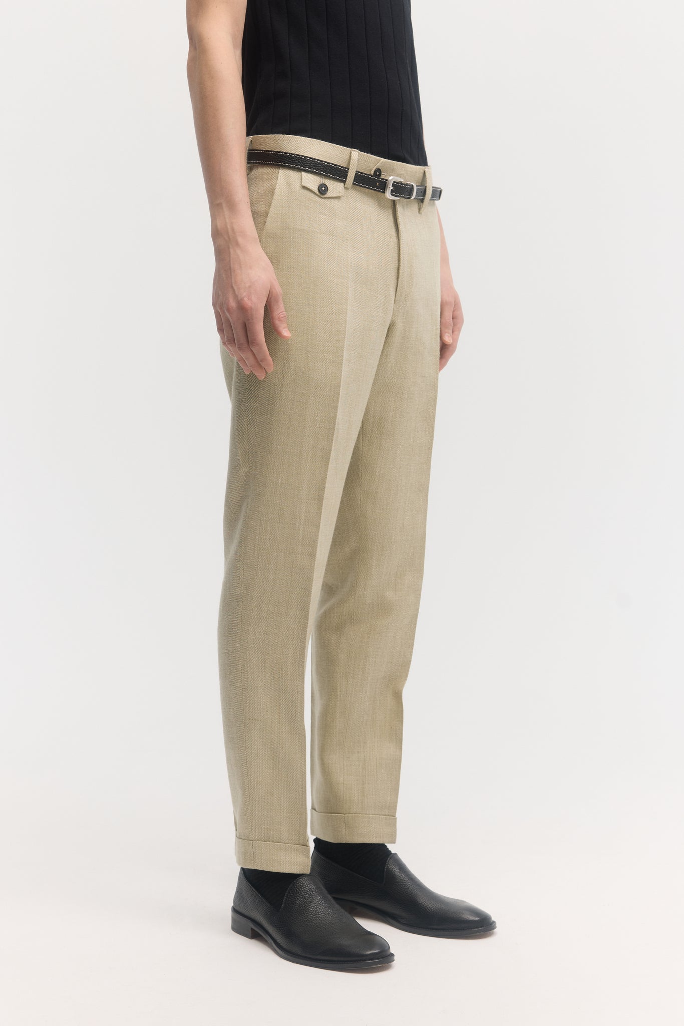 Khaki herringbone silk linen tapered trousers