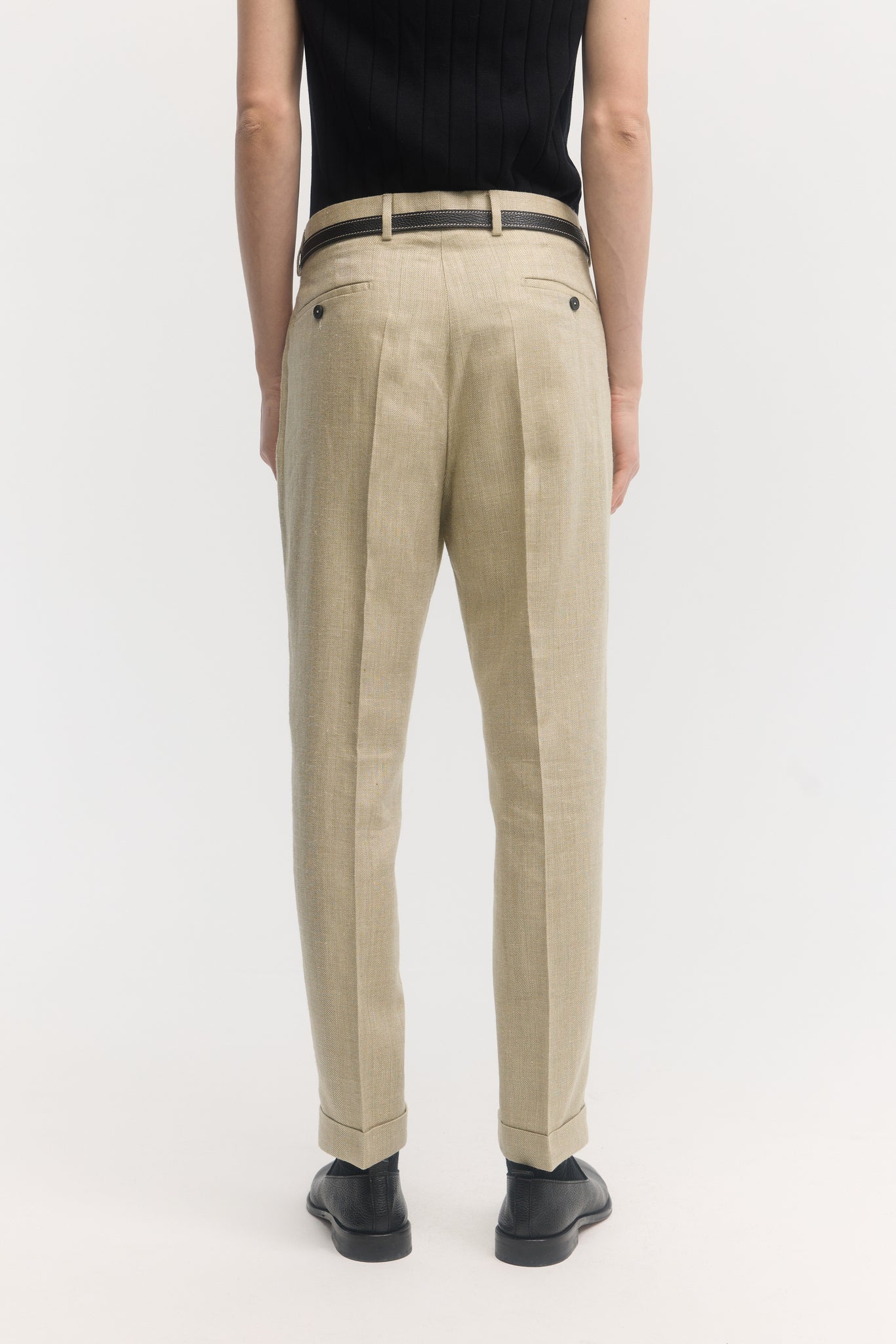 Khaki herringbone silk linen tapered trousers