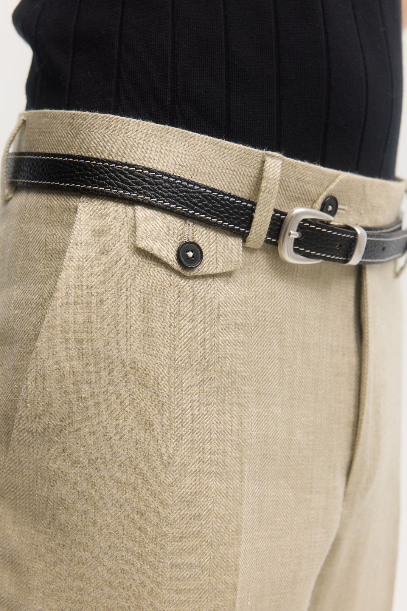 Khaki herringbone silk linen tapered trousers