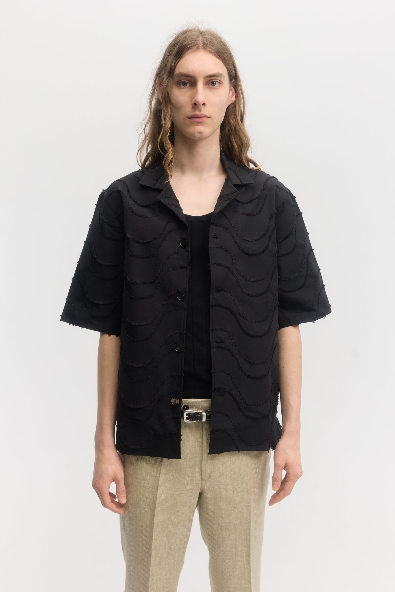 Black wave cut jacquard relaxed fit short sleeve shirt