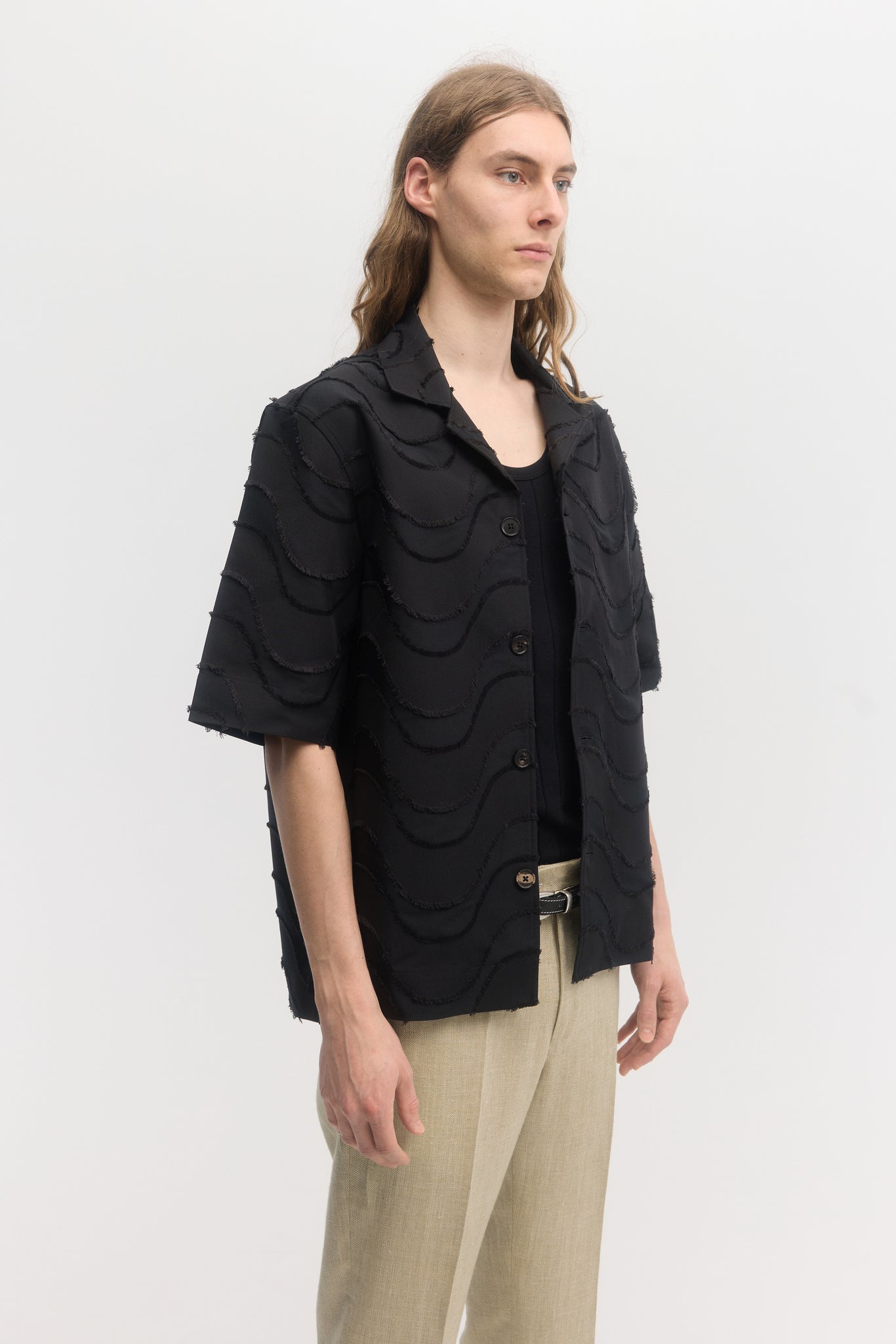 Black wave cut jacquard relaxed fit short sleeve shirt