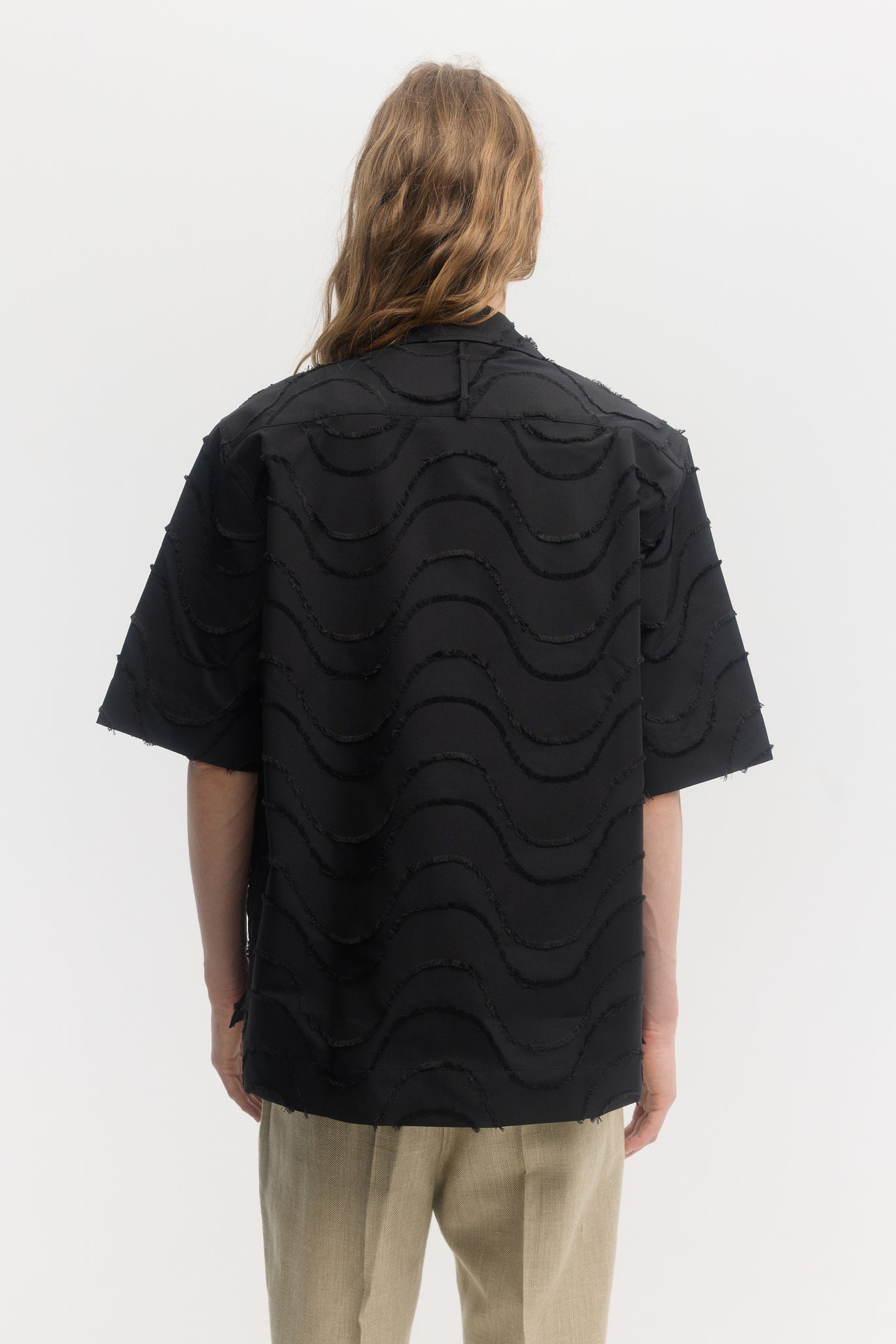 Black wave cut jacquard relaxed fit short sleeve shirt