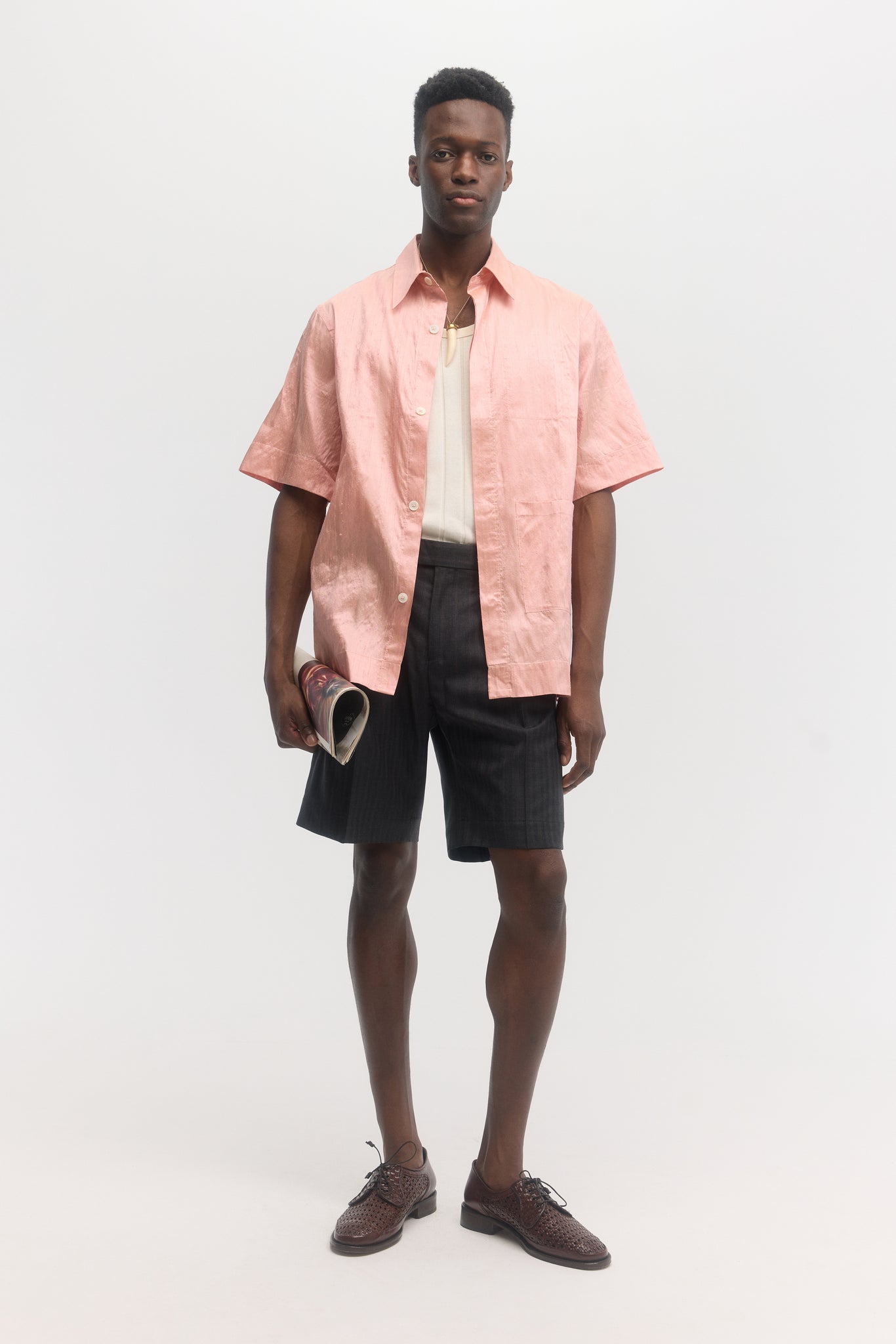 Pink pure raw silk relaxed fit short sleeve shirt