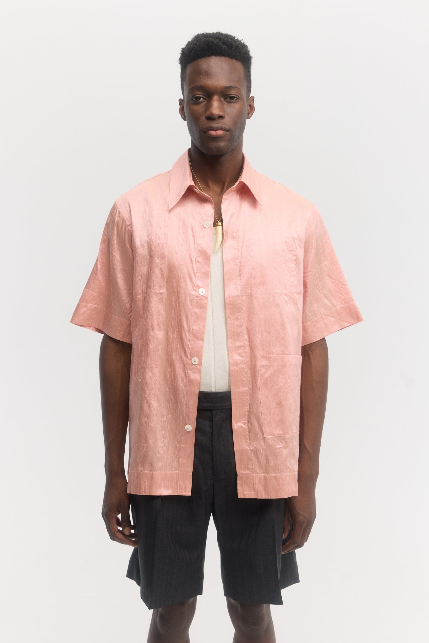 Pink pure raw silk relaxed fit short sleeve shirt