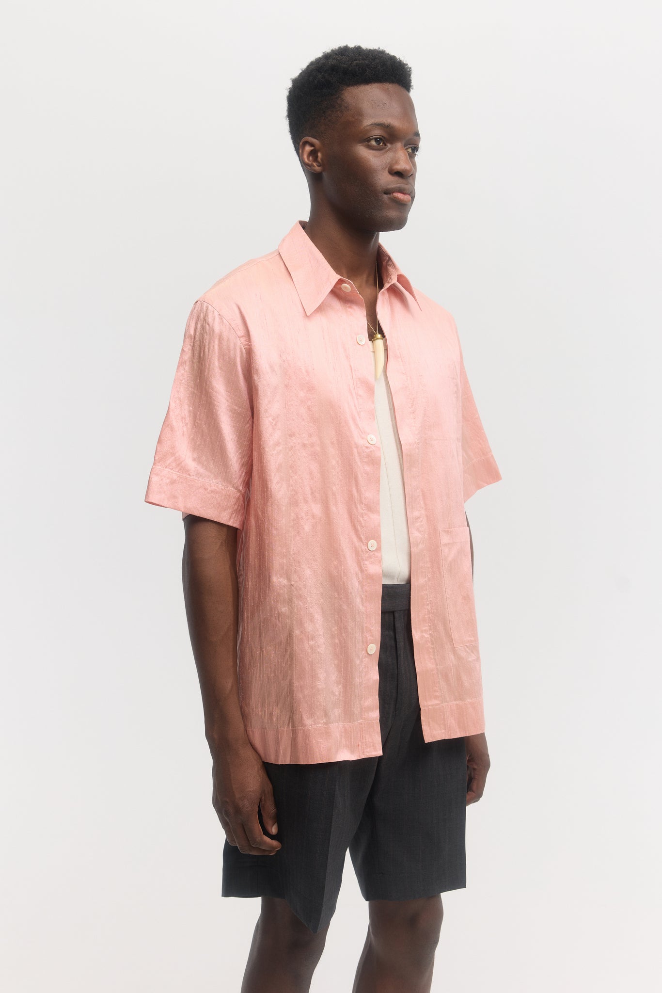 Pink pure raw silk relaxed fit short sleeve shirt