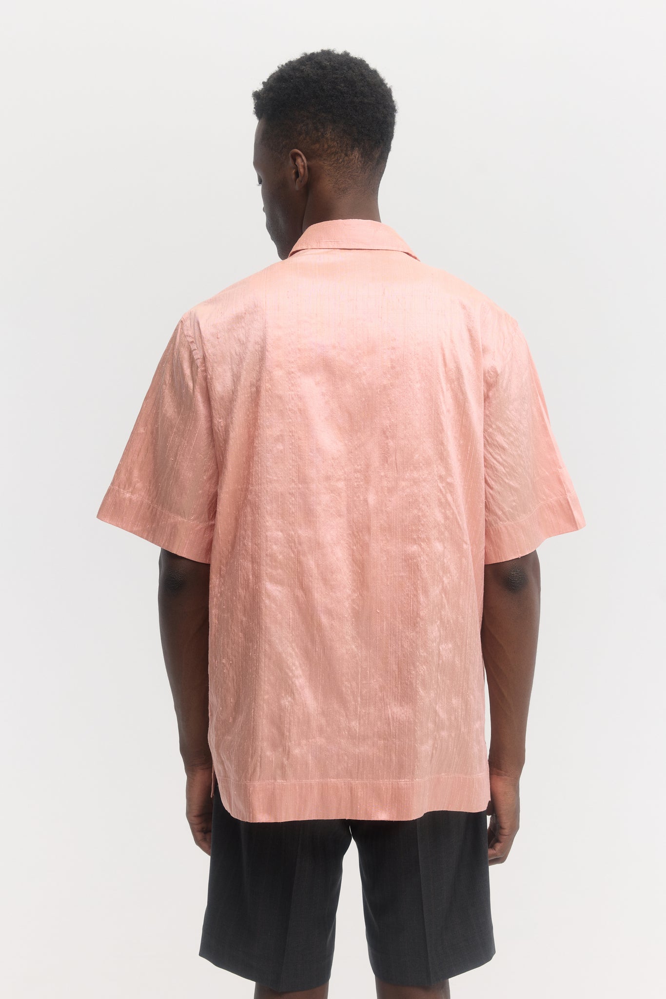 Pink pure raw silk relaxed fit short sleeve shirt