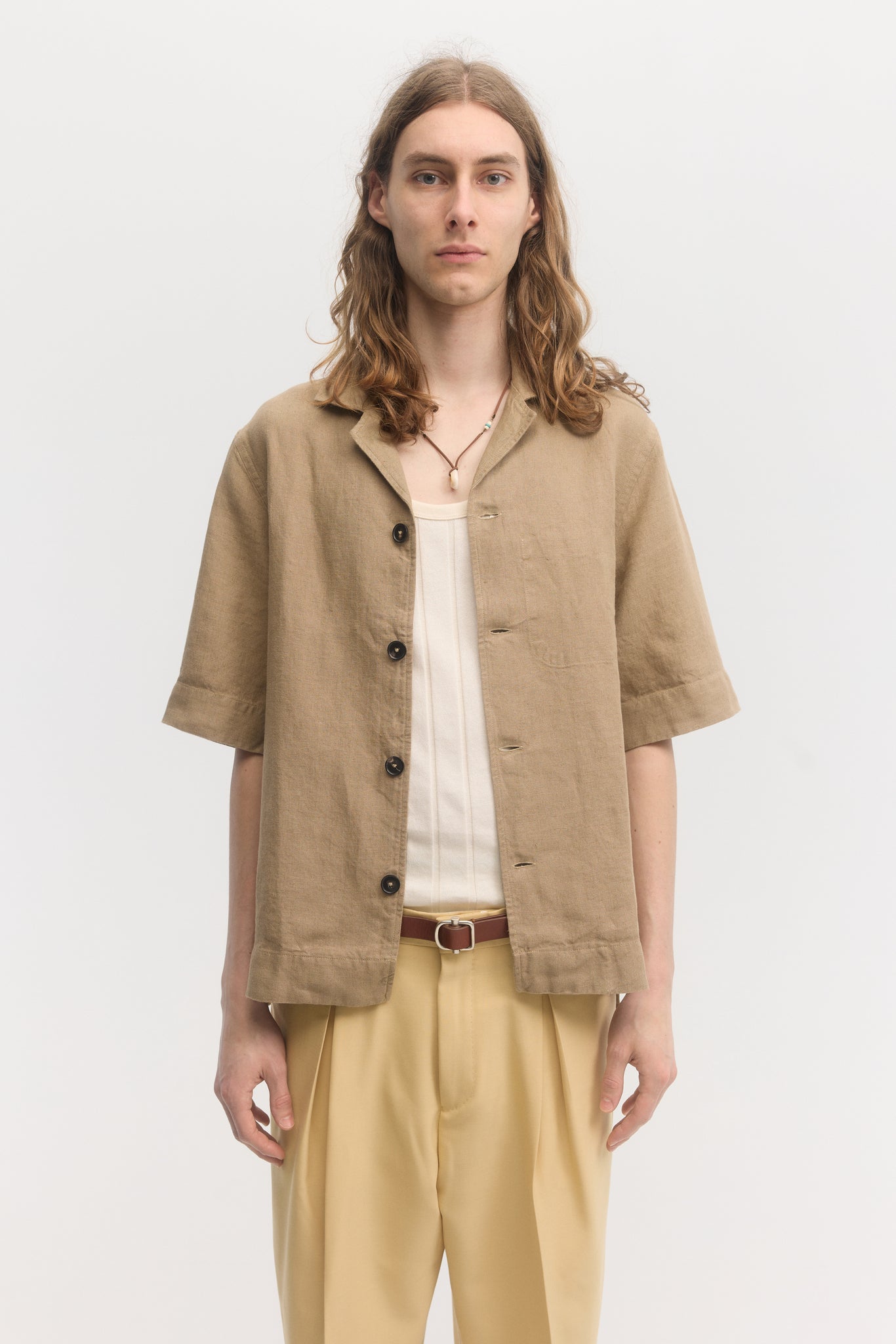 Dark sand linen relaxed fit short sleeve shirt