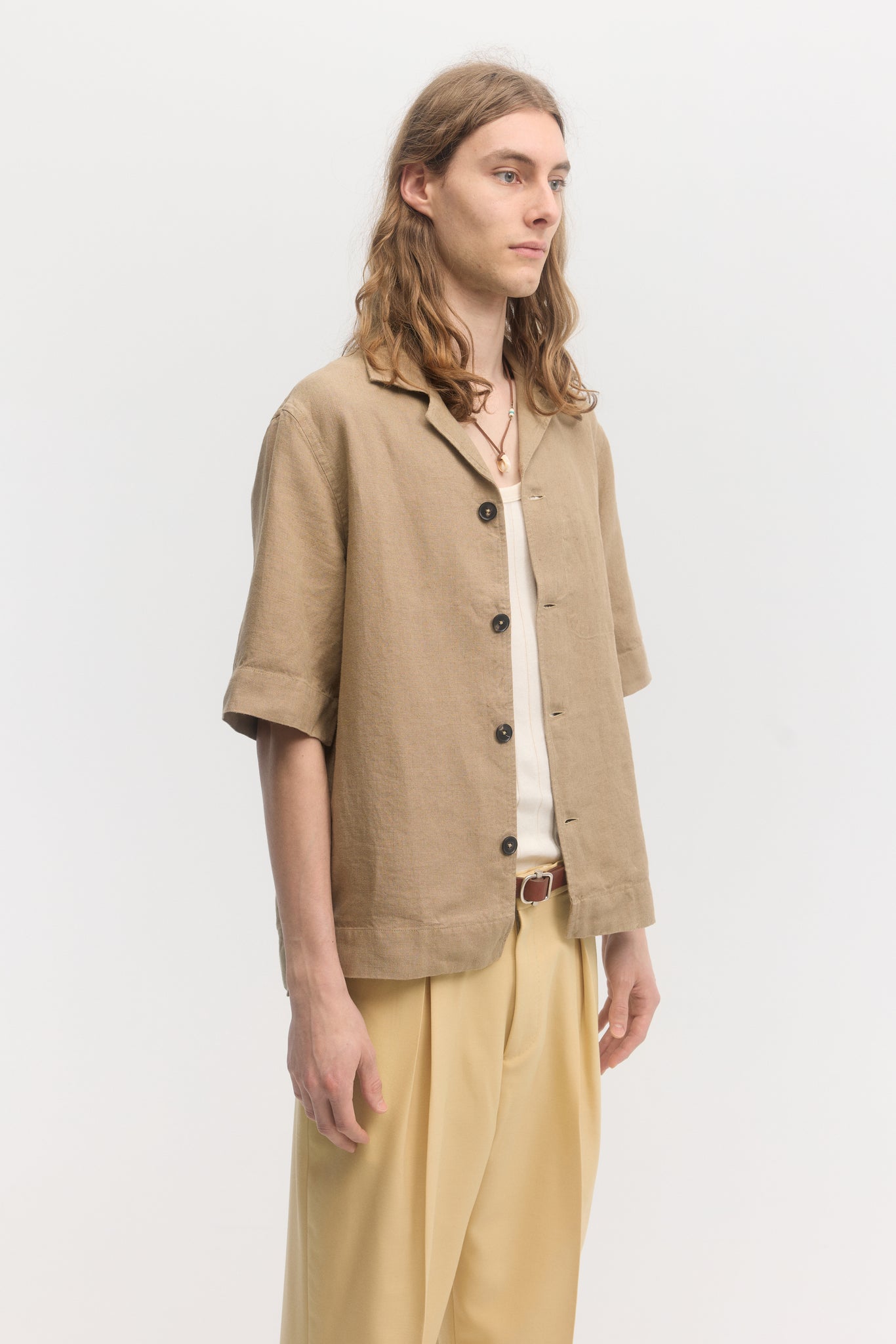 Dark sand linen relaxed fit short sleeve shirt