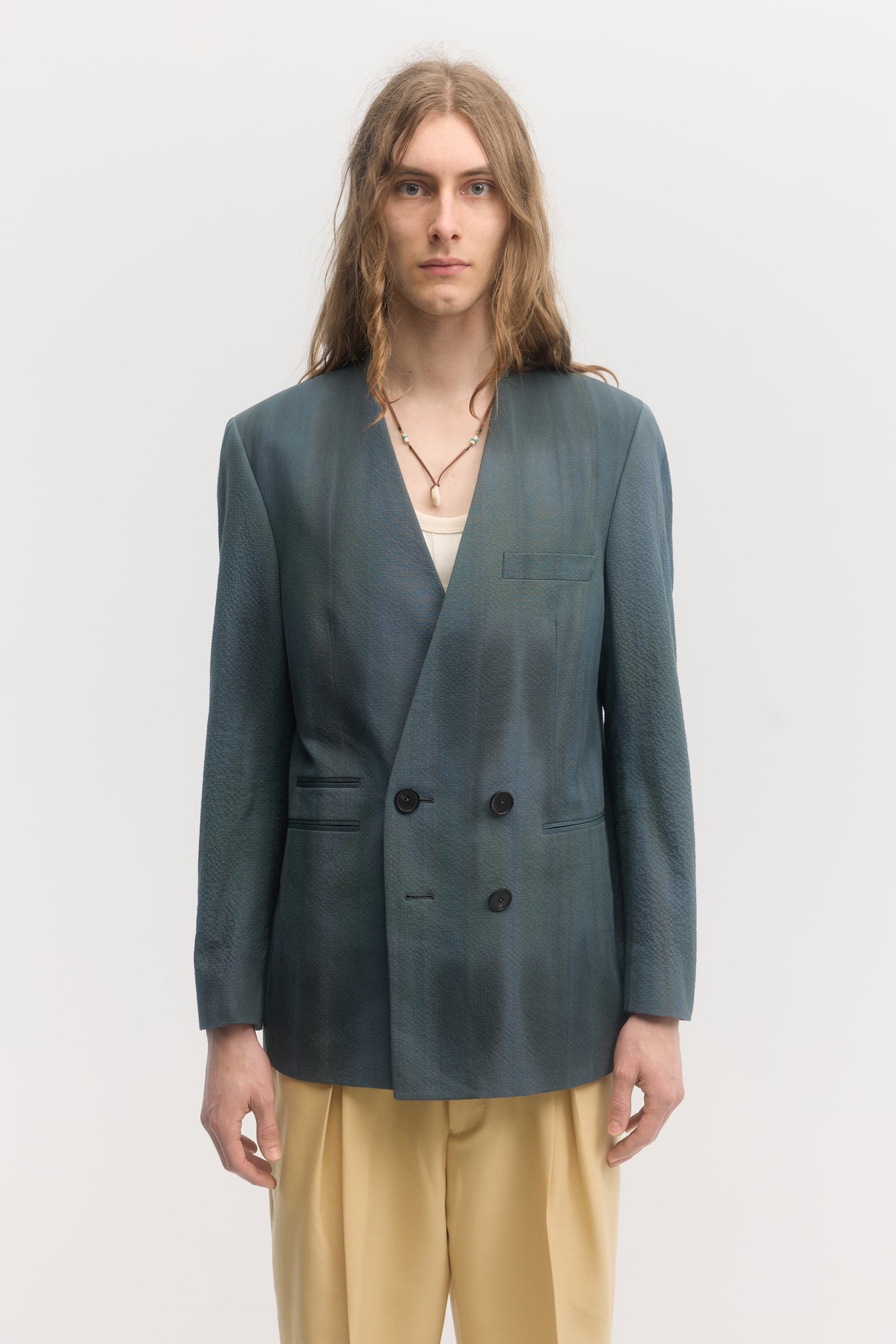 Iridescent custom dyed cotton seersucker double breasted collarless jacket