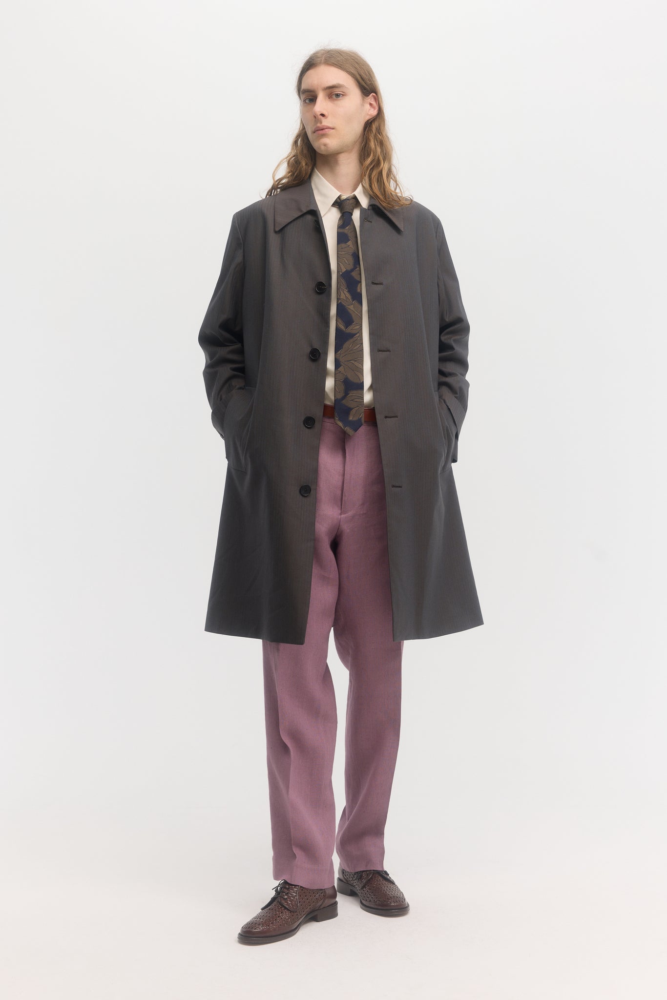 Iridescent petrol herringbone wool rain system trench coat