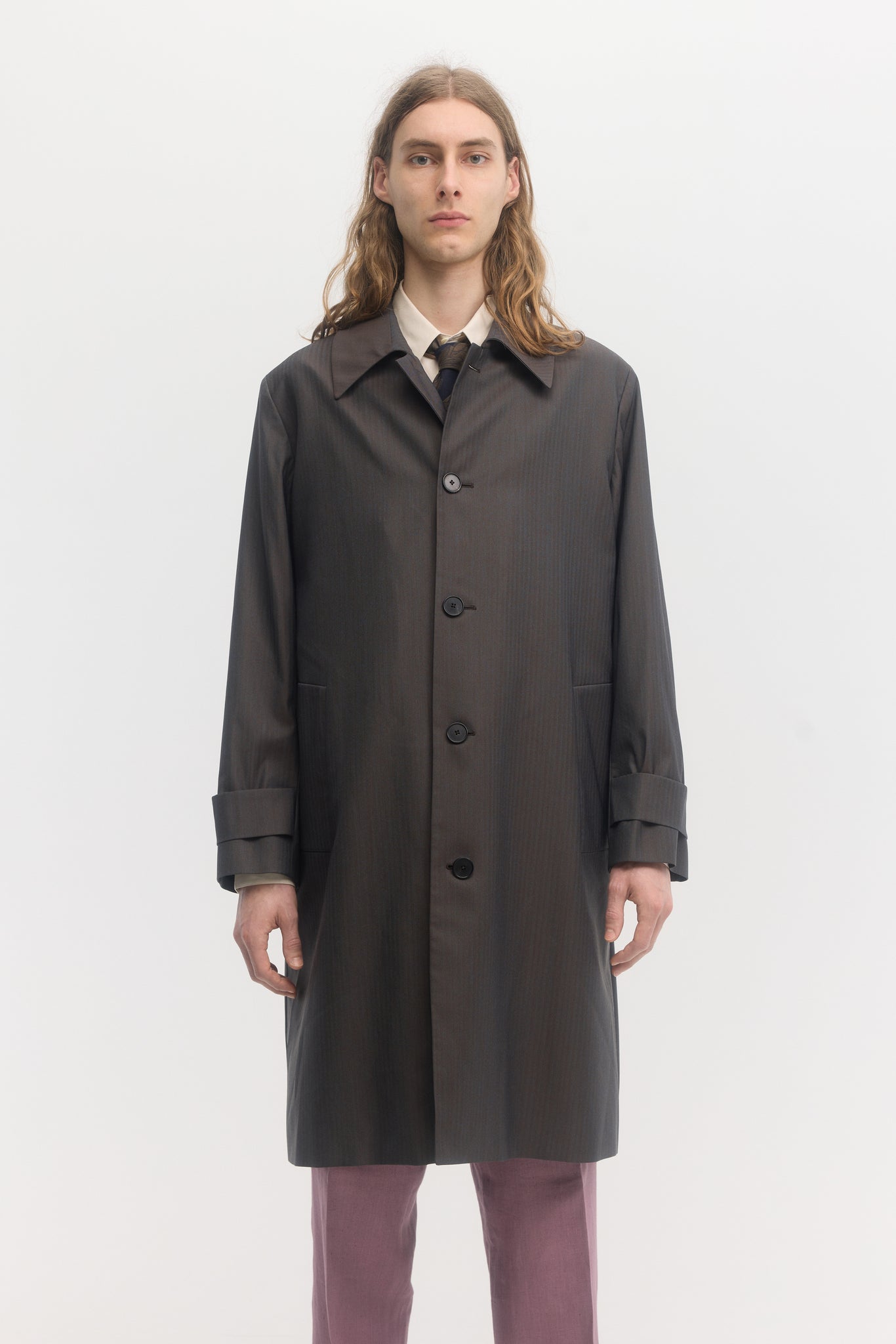 Iridescent petrol herringbone wool rain system trench coat