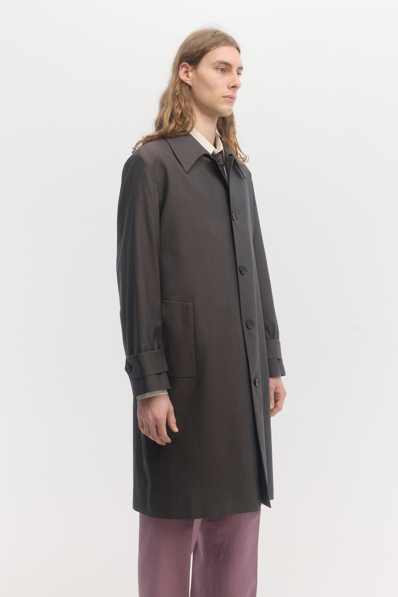 Iridescent petrol herringbone wool rain system trench coat