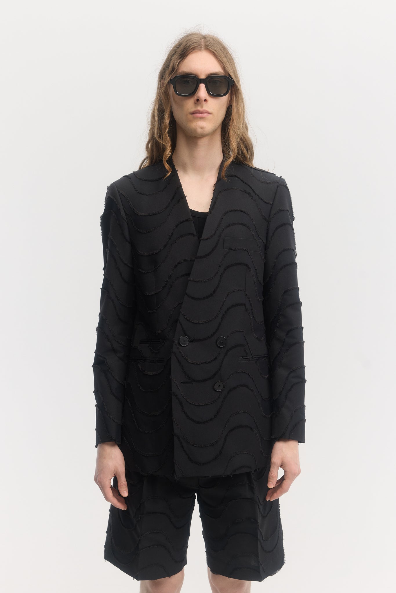 Black wave cut jacquard double breasted collarless jacket