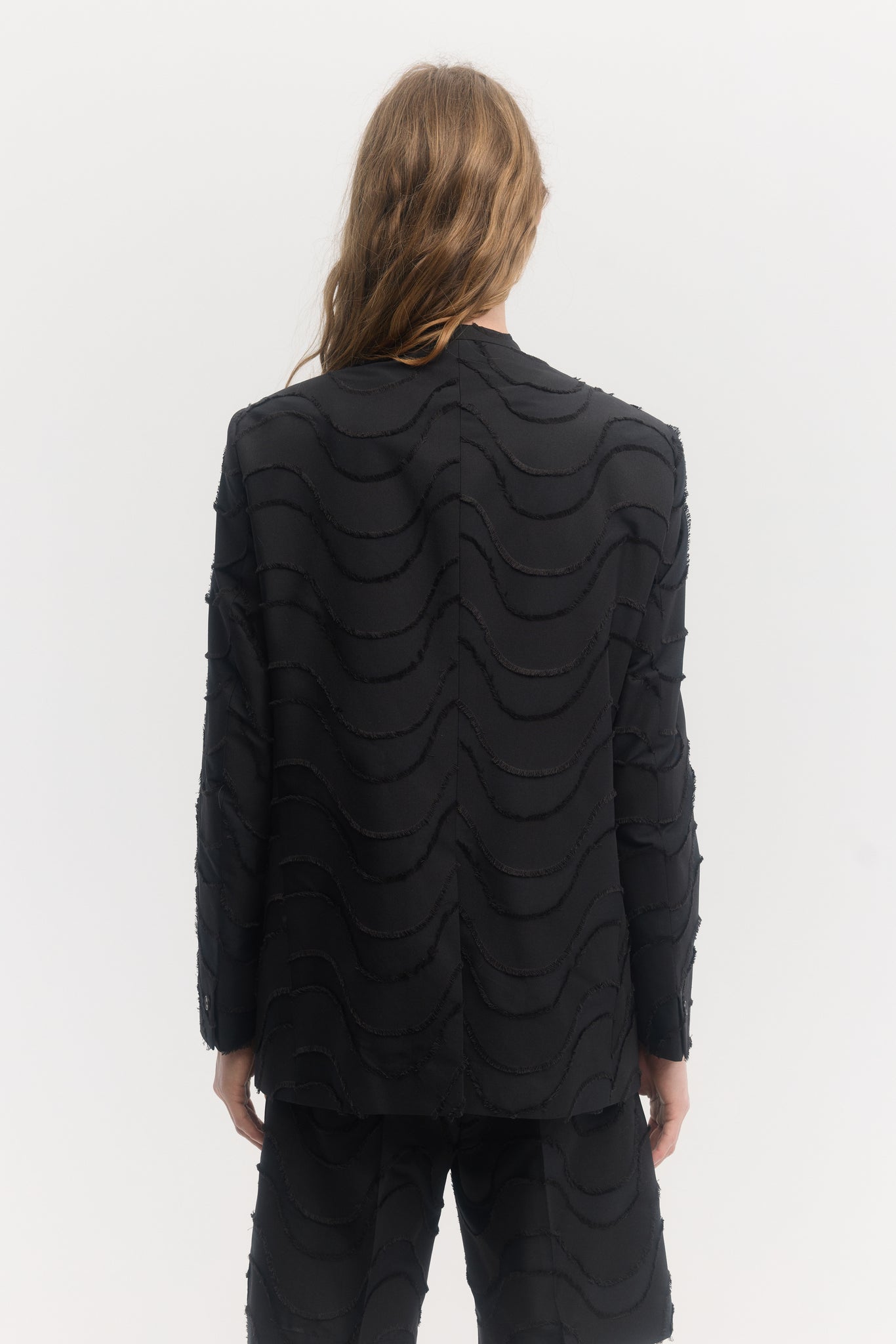 Black wave cut jacquard double breasted collarless jacket