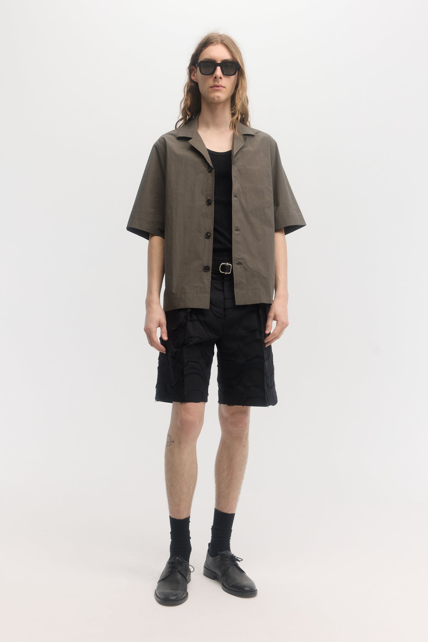 Dark olive typewriter poplin relaxed fit short sleeve shirt