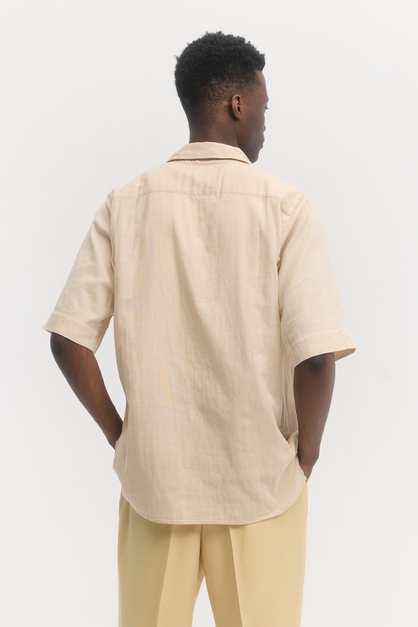 Cream washed shea butter treated cotton gauze short sleeve shirt