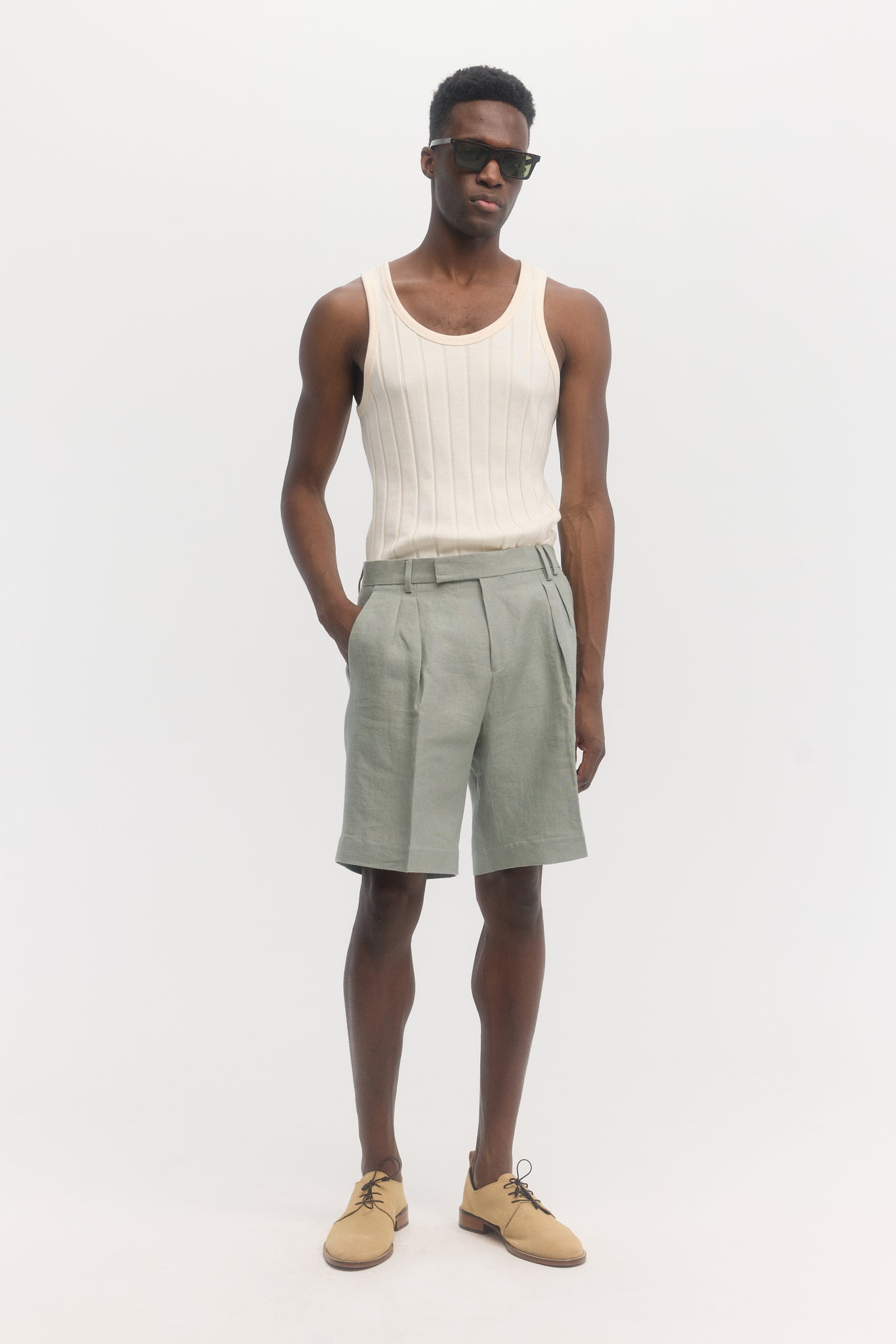 Sage green pure linen tailored shorts