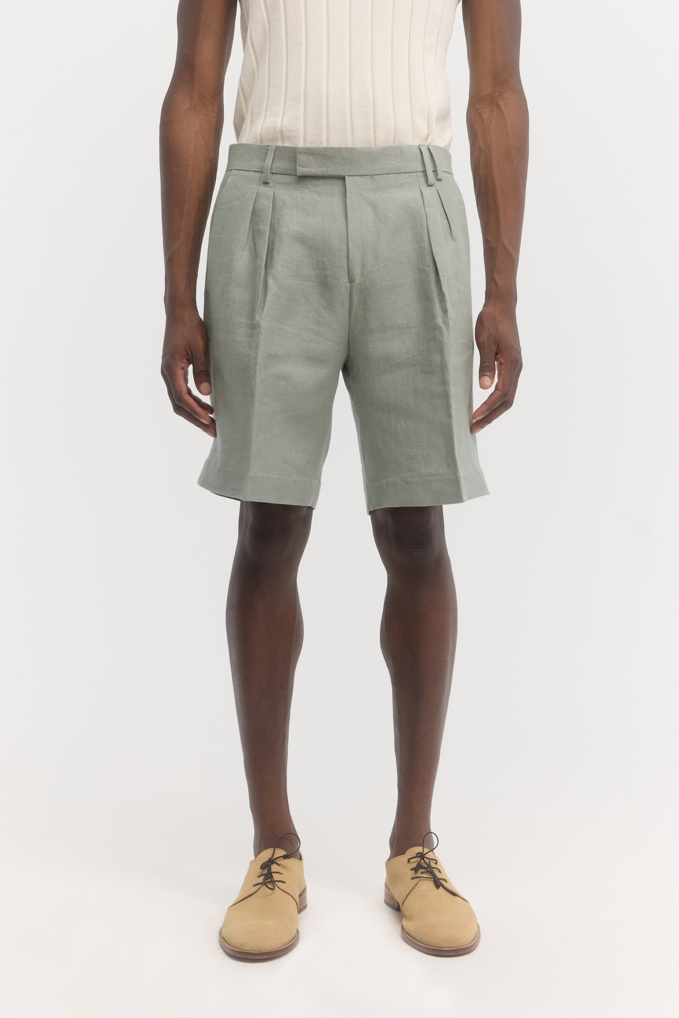 Sage green pure linen tailored shorts