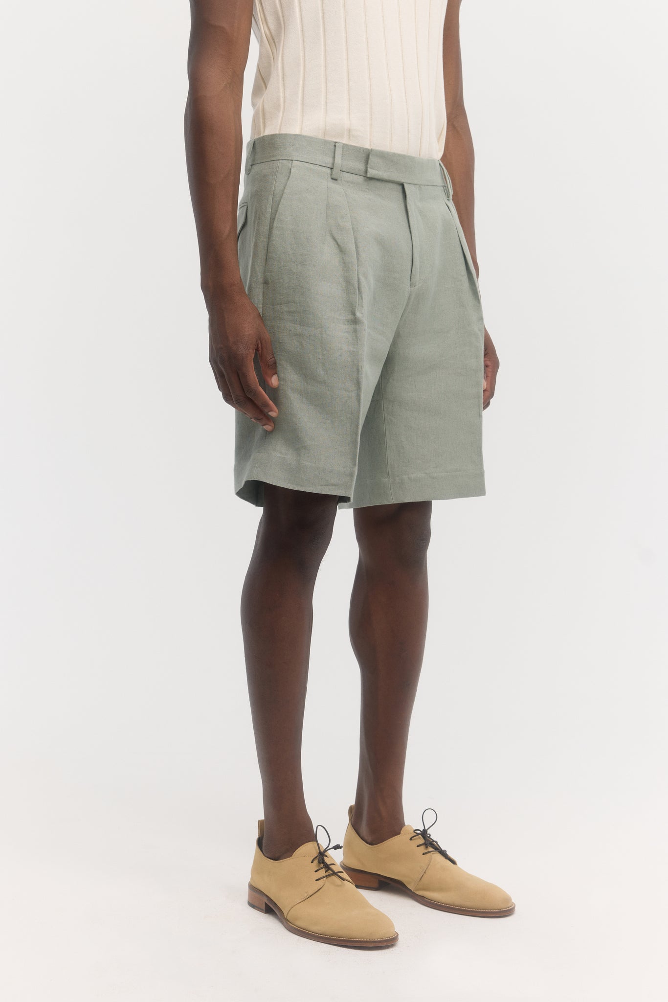 Sage green pure linen tailored shorts