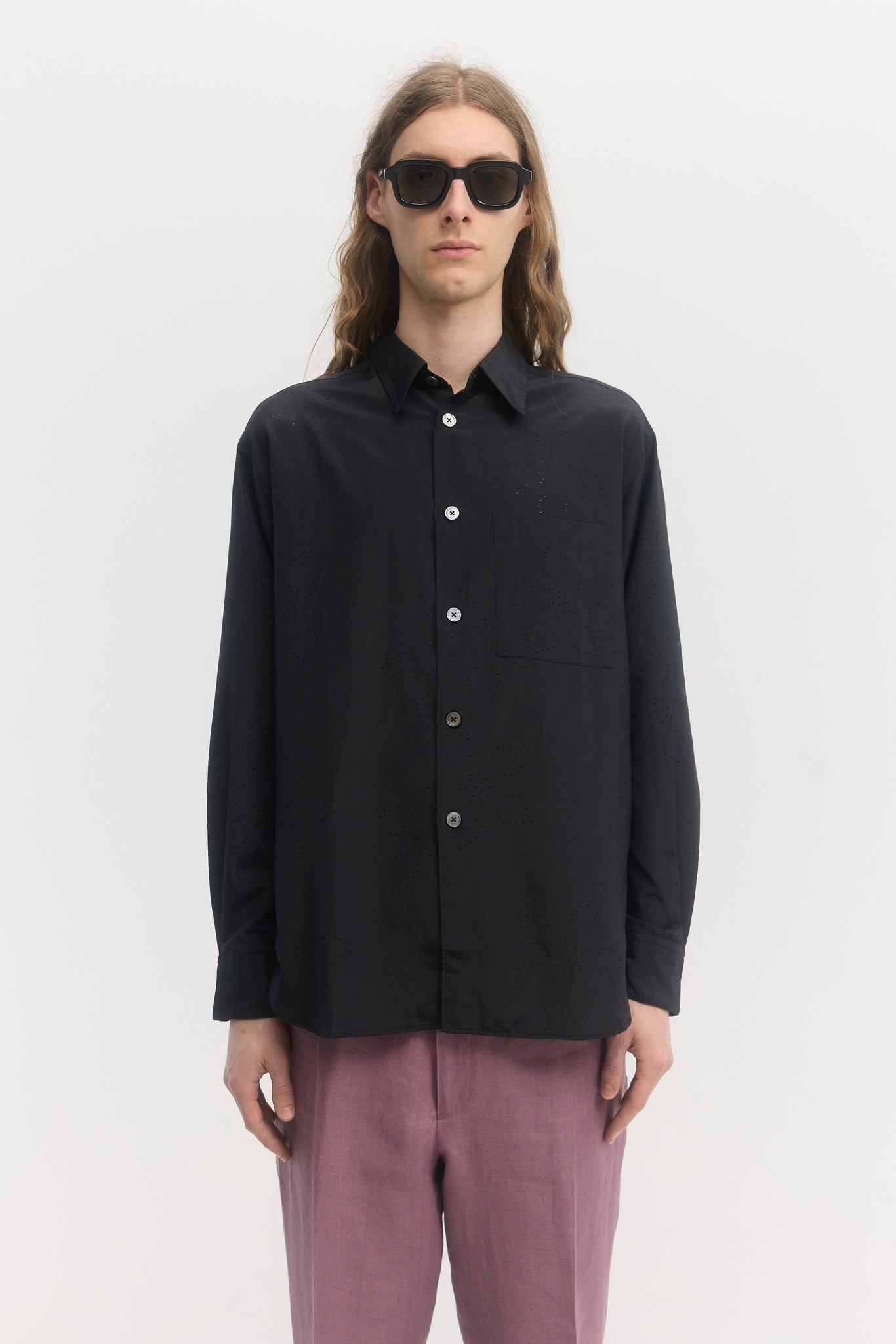 Black perforated floral fabric evening relaxed shirt