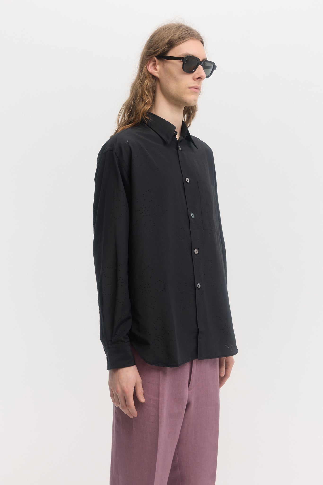 Black perforated floral fabric evening relaxed shirt