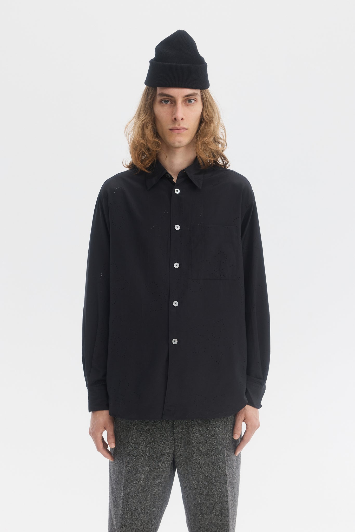 Black perforated floral fabric evening relaxed shirt