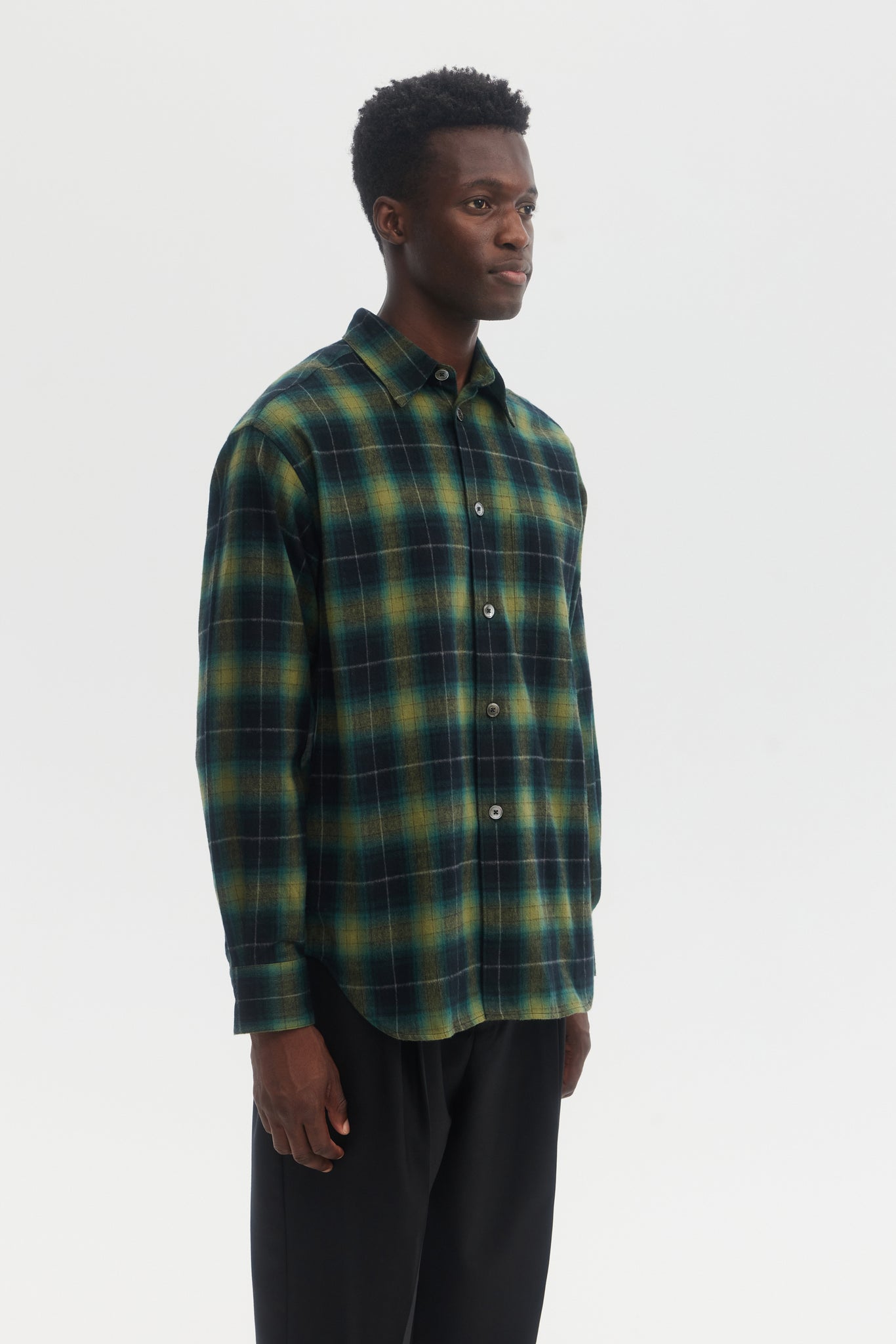 Chemise ample en flanelle brossée à carreaux ombrés verts