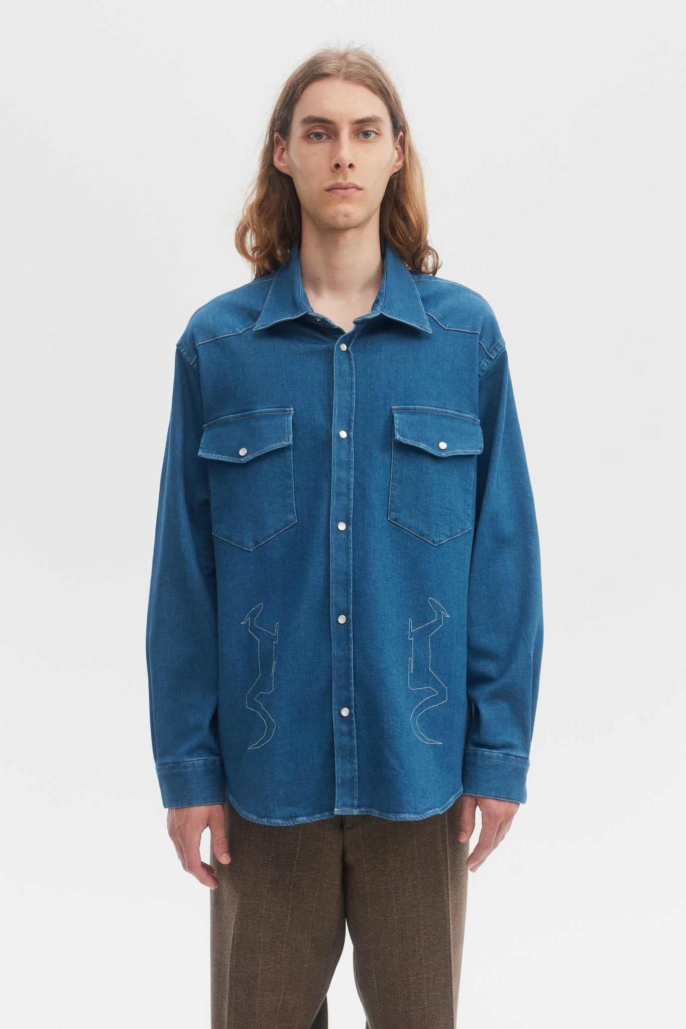 Washed blue denim embroidered western overshirt