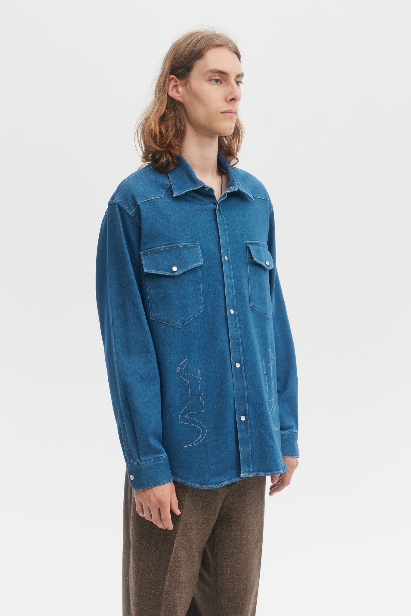 Washed blue denim embroidered western overshirt