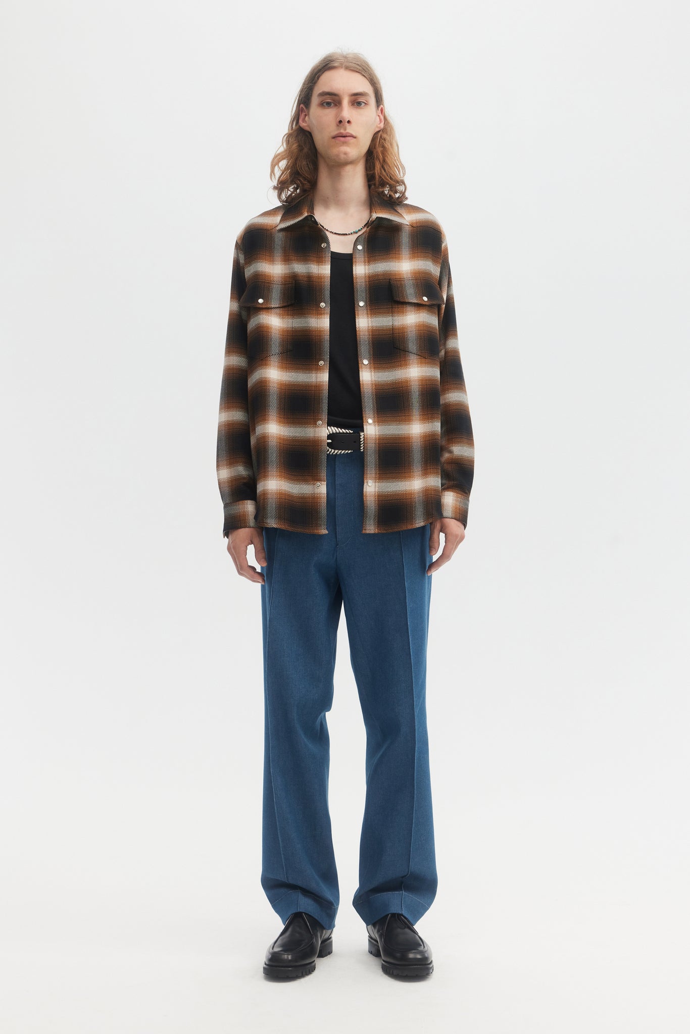 Camel plaid cotton western overshirt