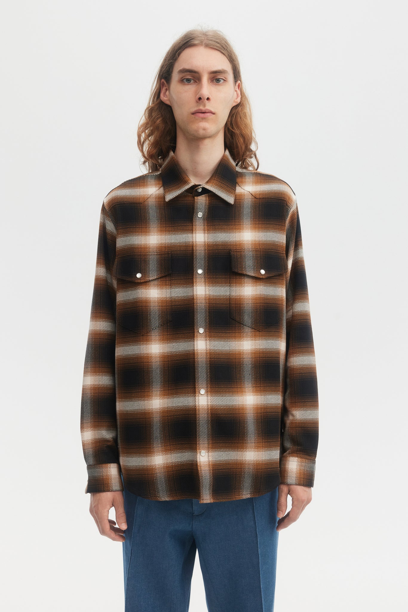 Camel plaid cotton western overshirt