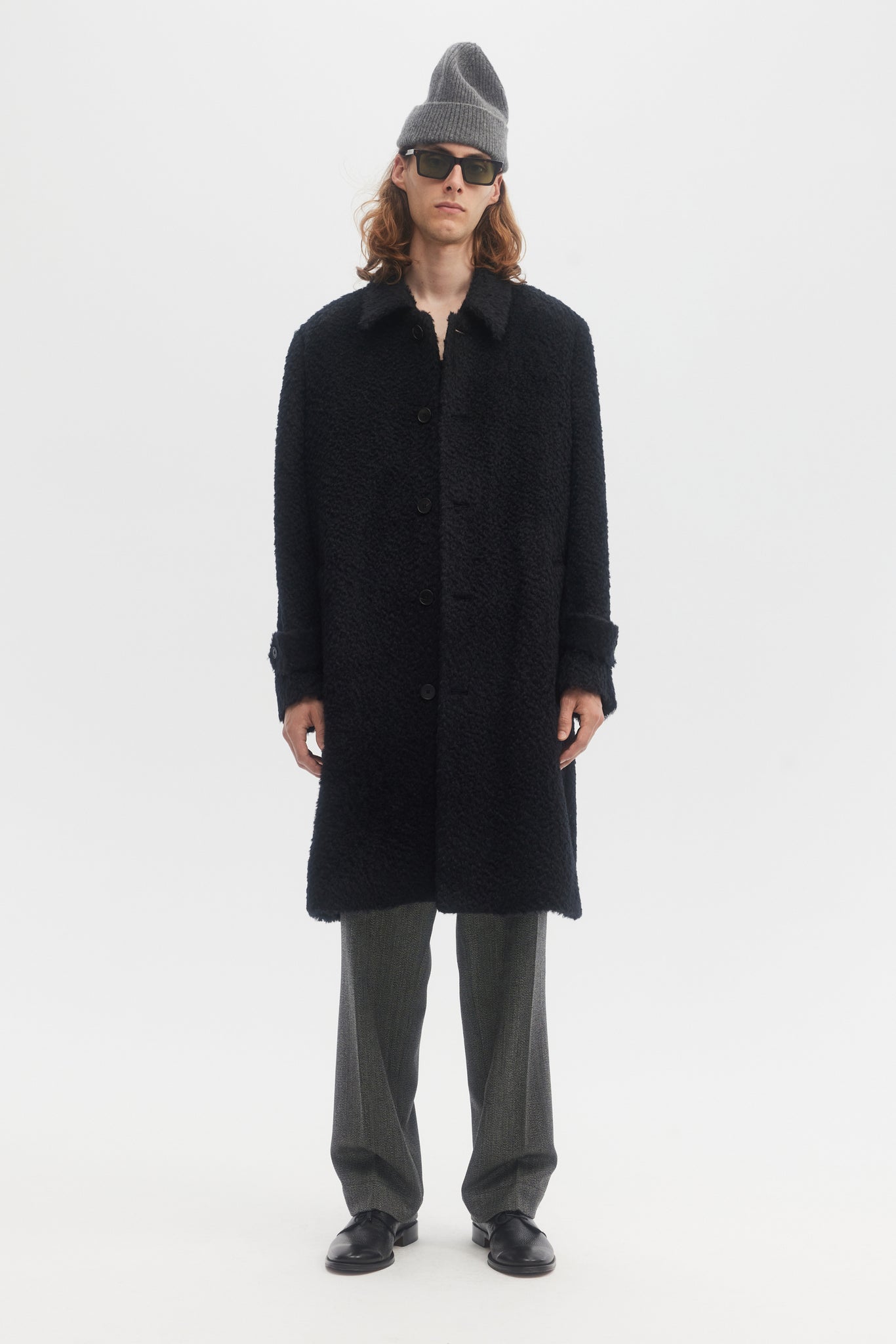 Black mohair wool boucle overcoat