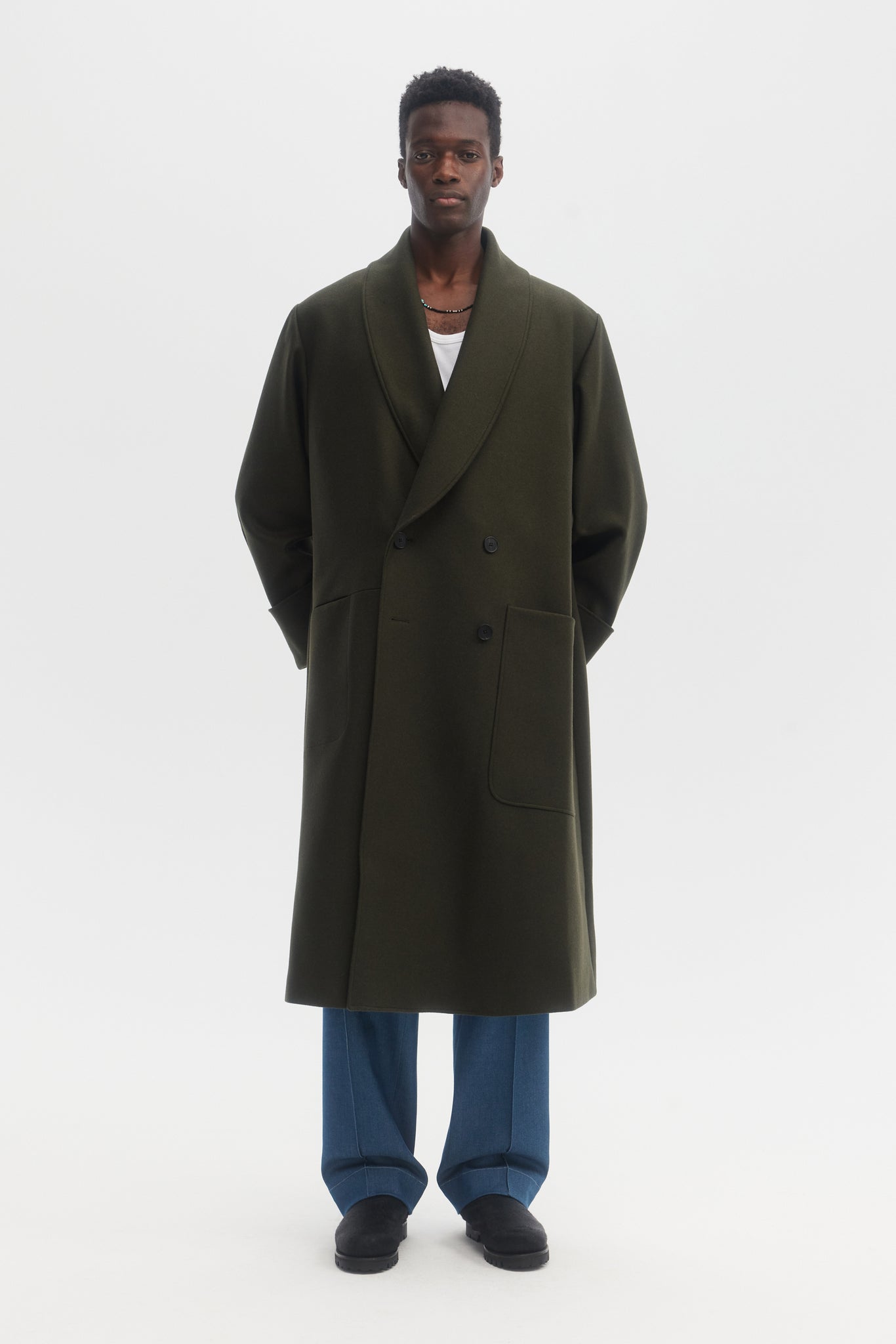 Green melton wool shawl collar coat