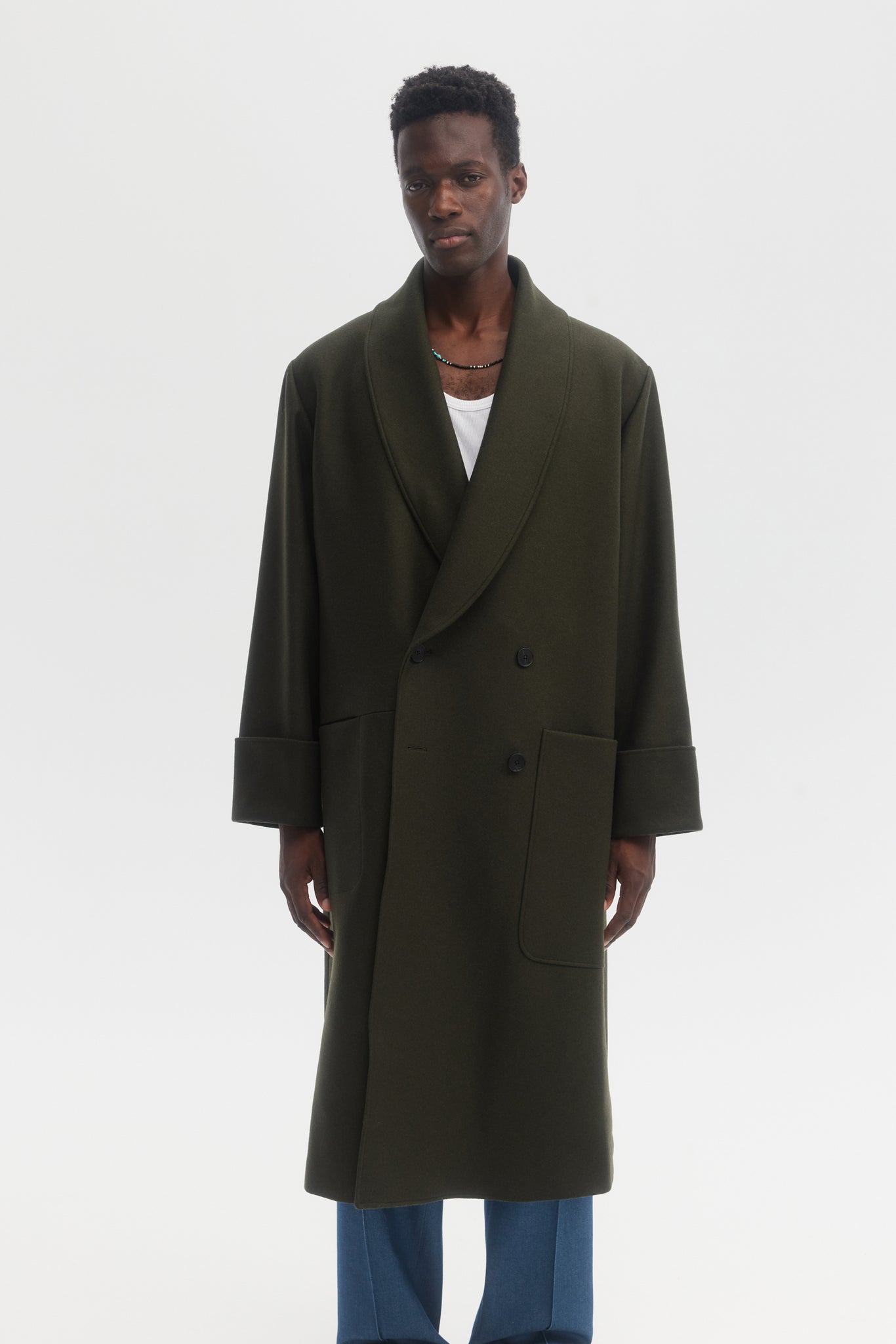 Green melton wool shawl collar coat