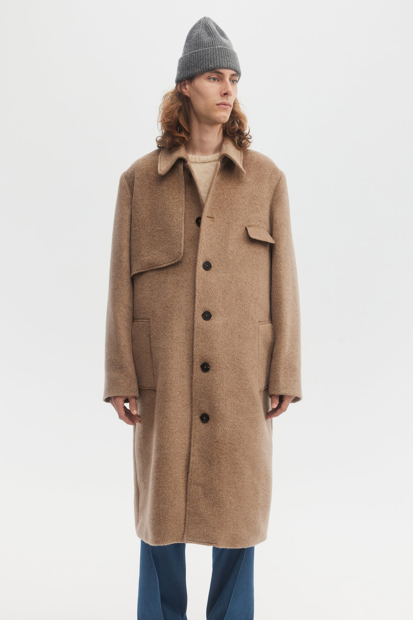 Taupe brushed wool mohair panel overcoat