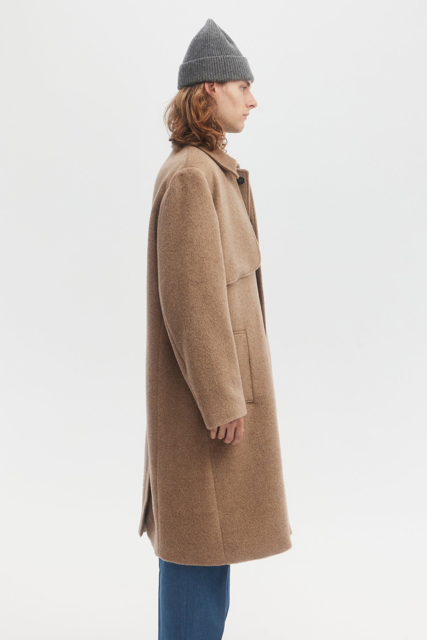 Taupe brushed wool mohair panel overcoat