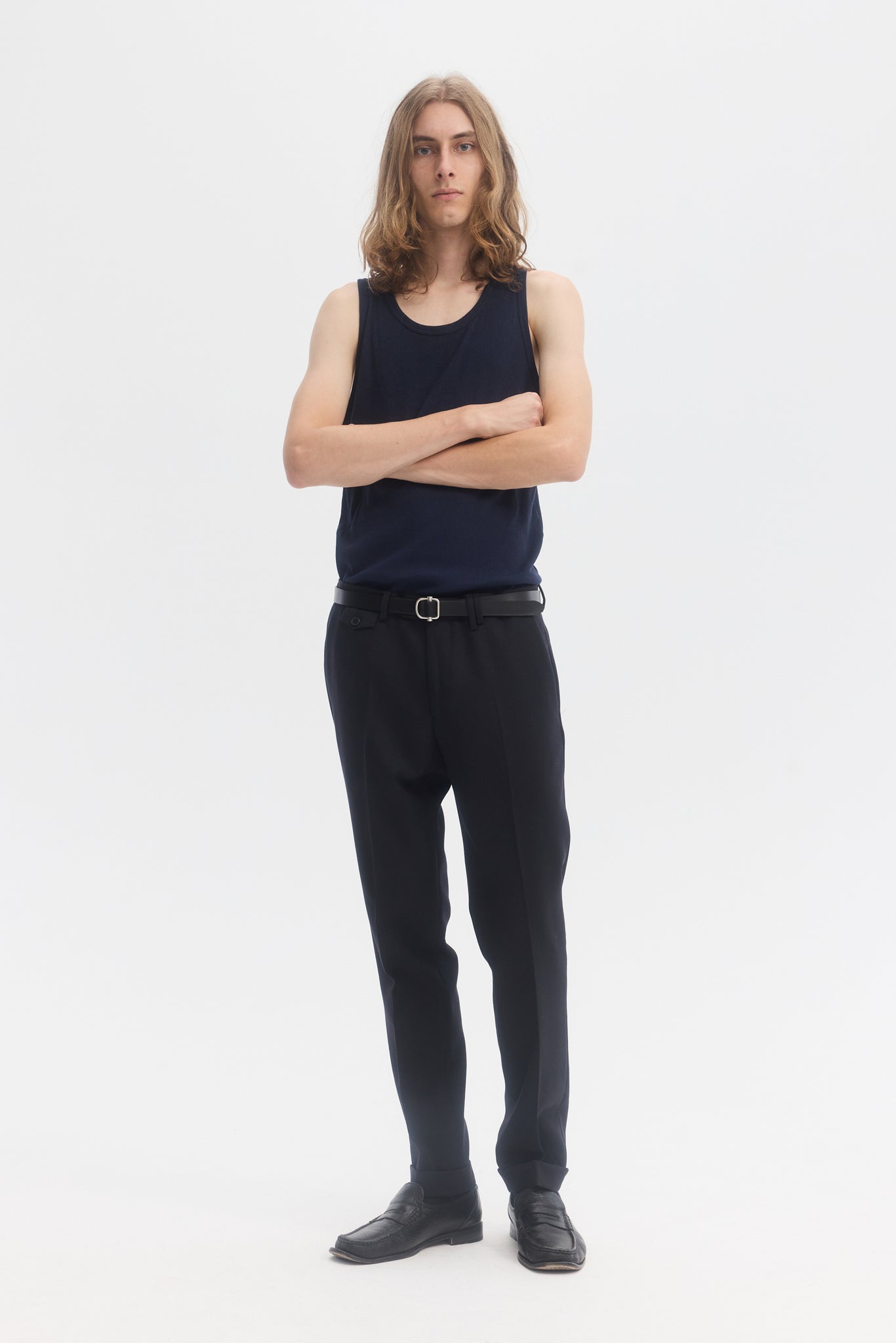 Navy wool cavalry twill tapered trousers