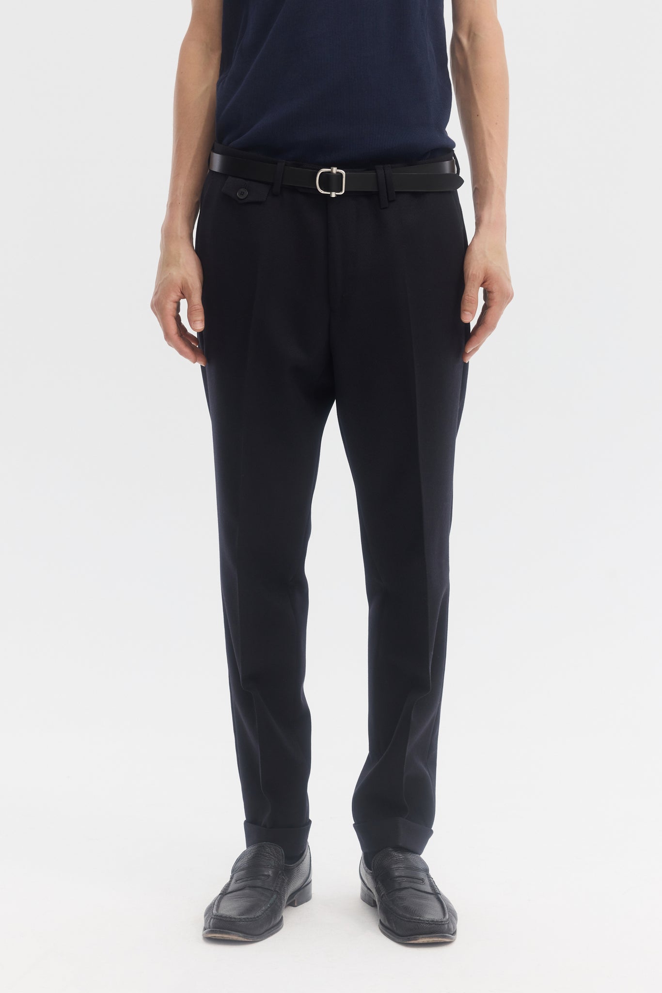 Navy wool cavalry twill tapered trousers