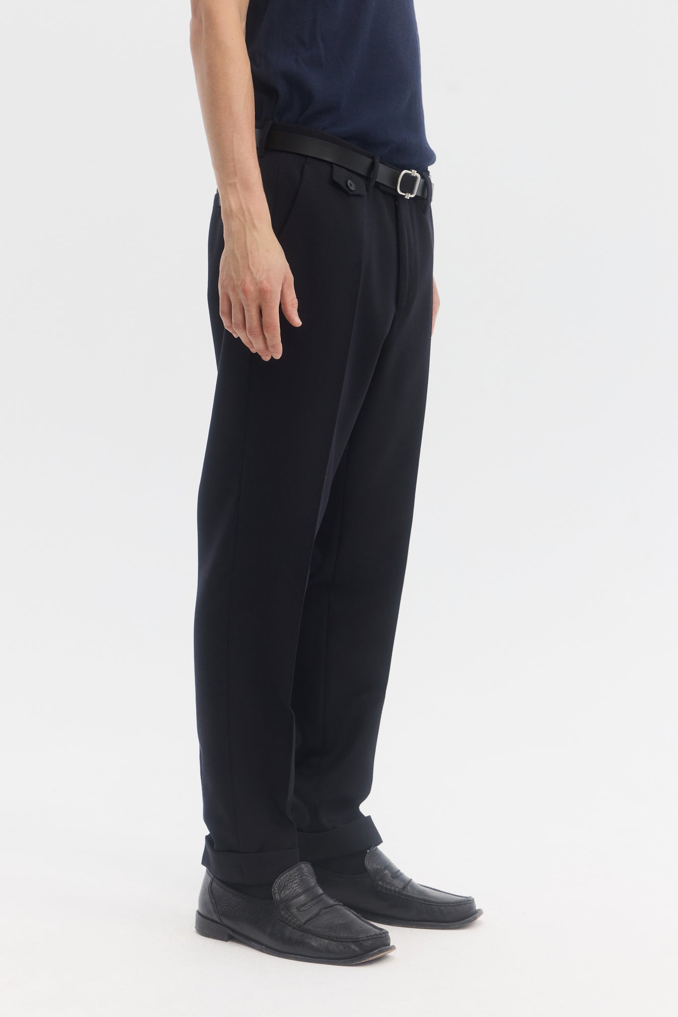 Navy wool cavalry twill tapered trousers