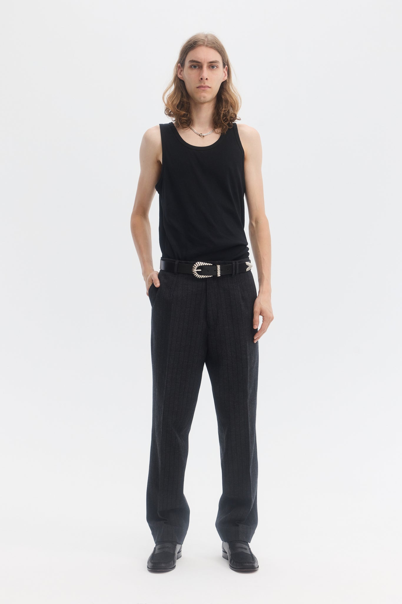 Black grey wool stripe straight trousers